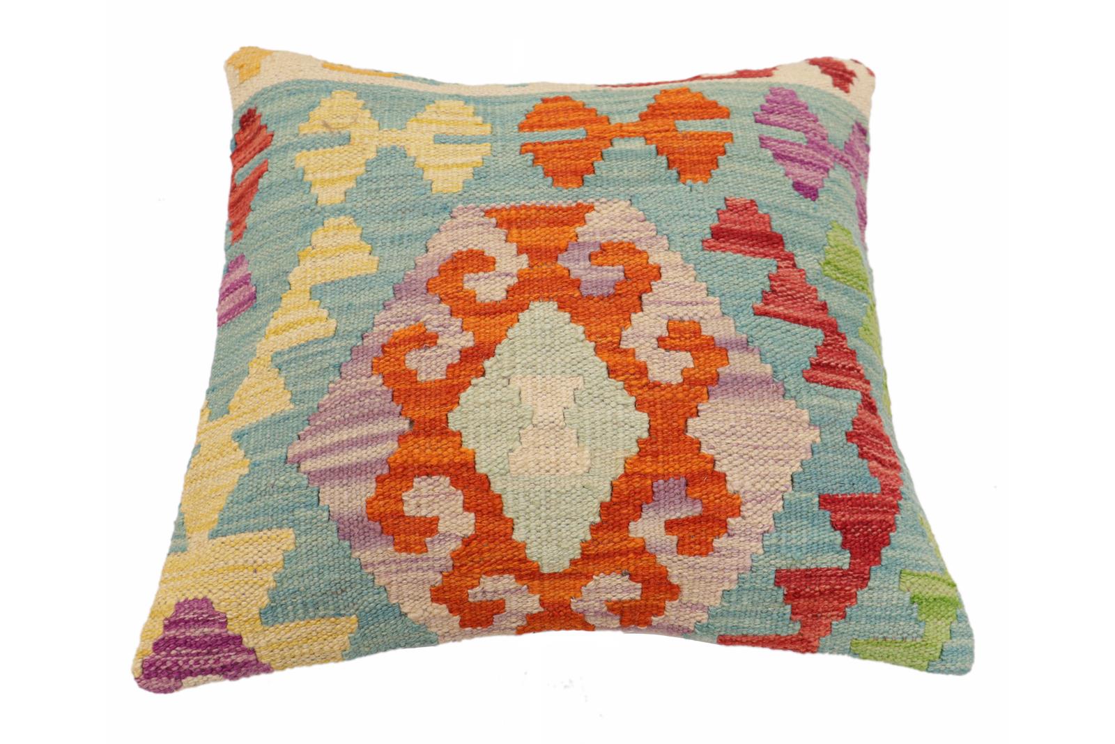 handmade Traditional Pillow Blue Rust Hand-Woven SQUARE 100% WOOL Hand woven turkish pillow2' x 2'
