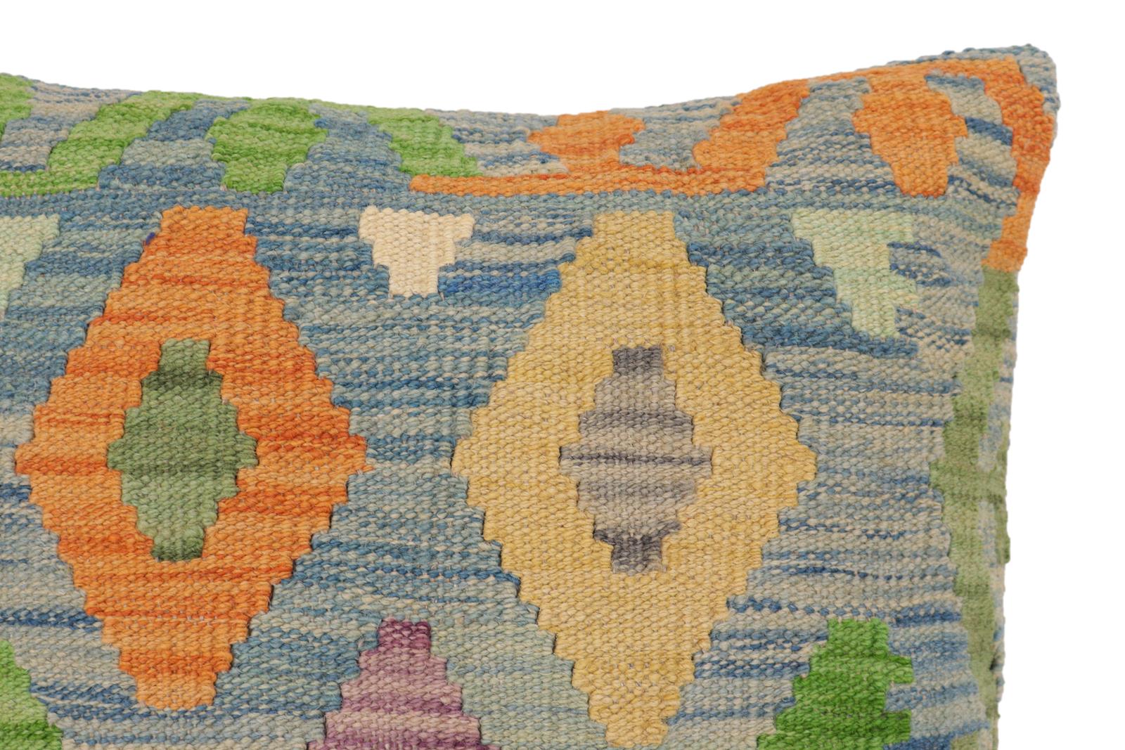 handmade Traditional Pillow Blue Rust Hand-Woven SQUARE 100% WOOL Hand woven turkish pillow2' x 2'