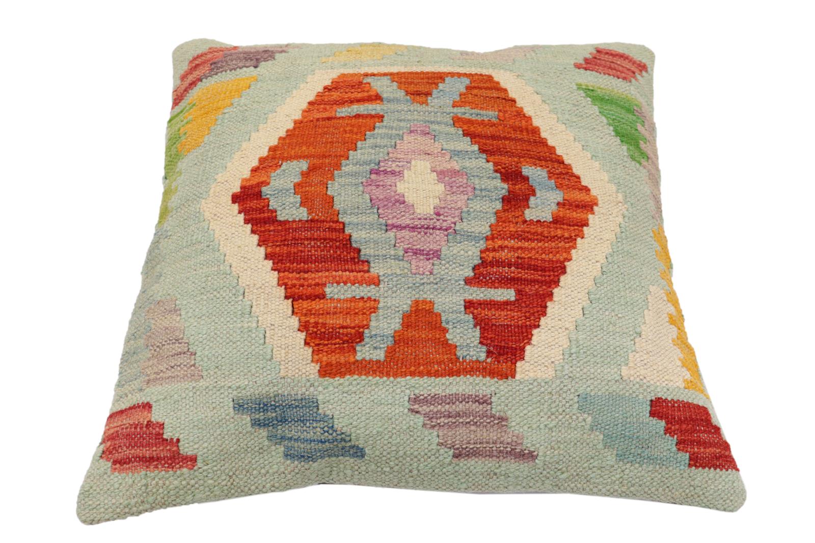 handmade Traditional Pillow Blue Rust Hand-Woven SQUARE 100% WOOL Hand woven turkish pillow2' x 2'