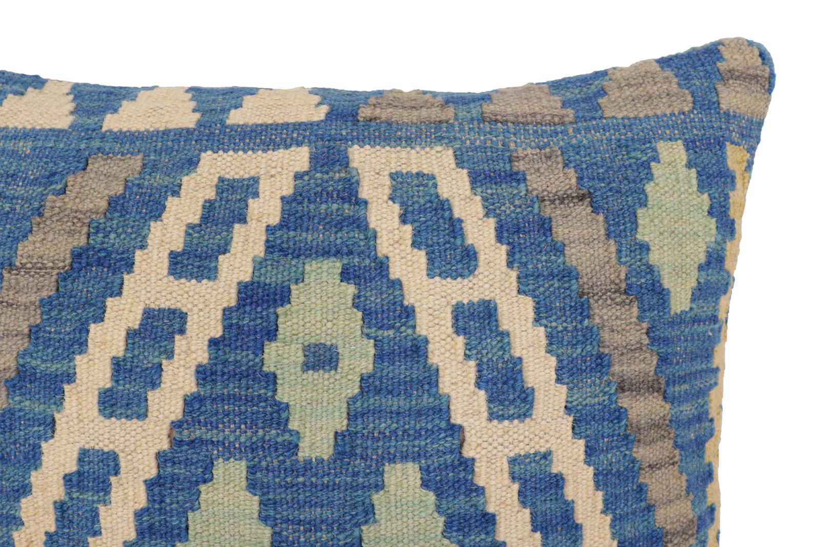 handmade Traditional Pillow Blue Gray Hand-Woven SQUARE 100% WOOL Hand woven turkish pillow2' x 2'