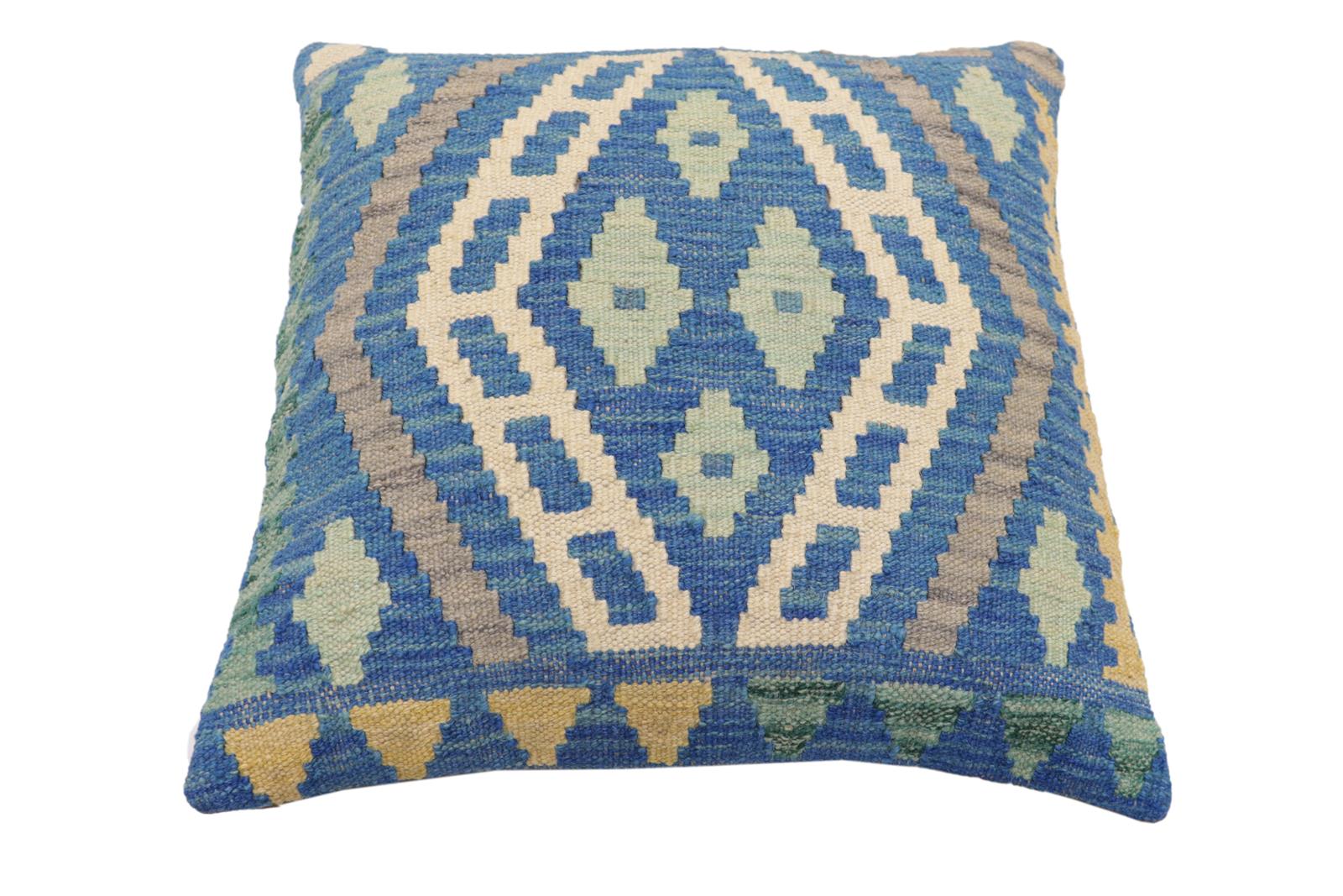 handmade Traditional Pillow Blue Gray Hand-Woven SQUARE 100% WOOL Hand woven turkish pillow2' x 2'