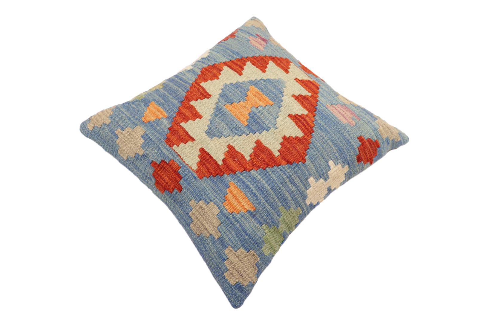 handmade Traditional Pillow Blue Rust Hand-Woven SQUARE 100% WOOL Hand woven turkish pillow2' x 2'
