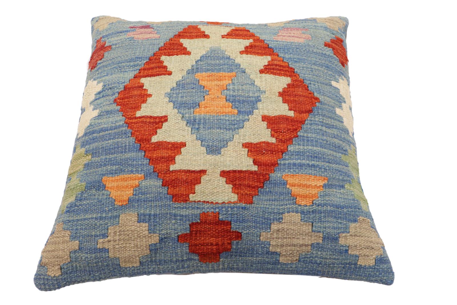 handmade Traditional Pillow Blue Rust Hand-Woven SQUARE 100% WOOL Hand woven turkish pillow2' x 2'
