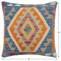 handmade Traditional Pillow Blue Orange Hand-Woven SQUARE 100% WOOL Hand woven turkish pillow2' x 2'