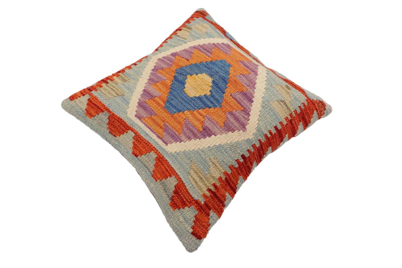 handmade Traditional Pillow Blue Rust Hand-Woven SQUARE 100% WOOL Hand woven turkish pillow2' x 2'