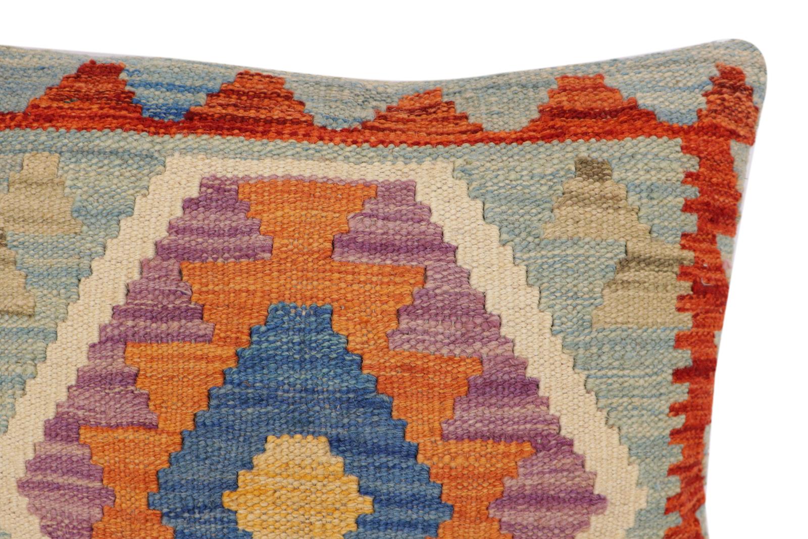 handmade Traditional Pillow Blue Rust Hand-Woven SQUARE 100% WOOL Hand woven turkish pillow2' x 2'