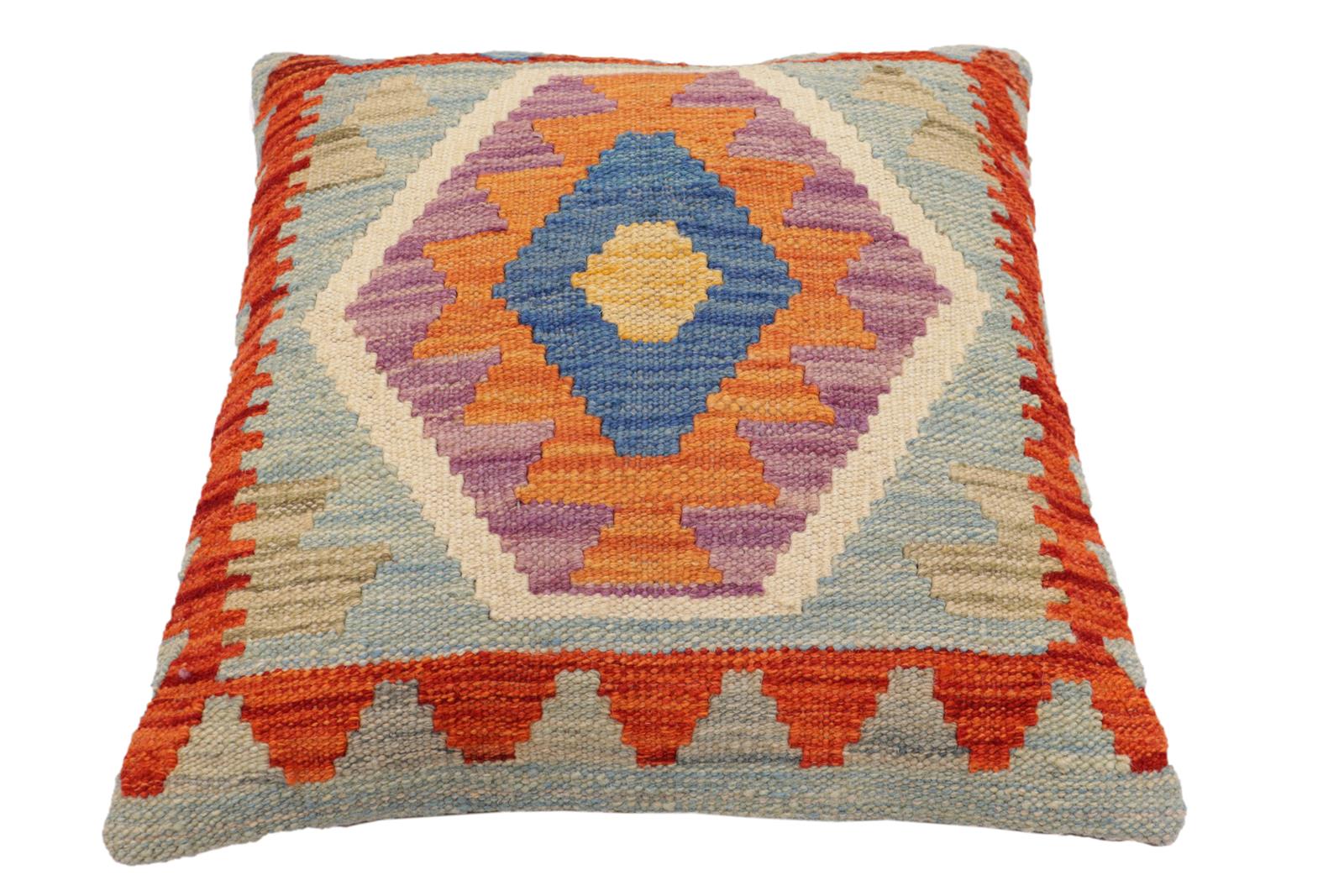 handmade Traditional Pillow Blue Rust Hand-Woven SQUARE 100% WOOL Hand woven turkish pillow2' x 2'