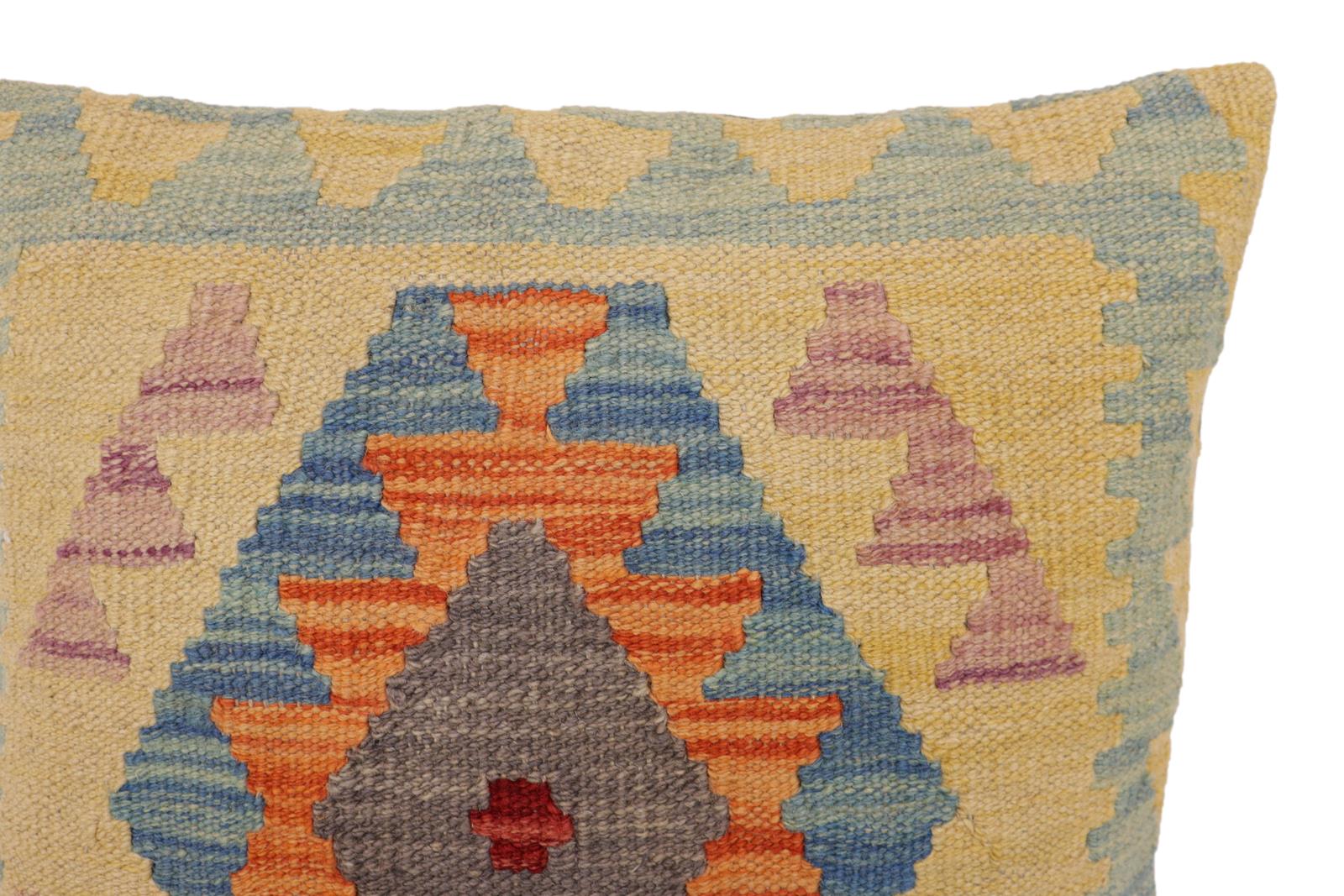 handmade Traditional Pillow Blue Orange Hand-Woven SQUARE 100% WOOL Hand woven turkish pillow2' x 2'
