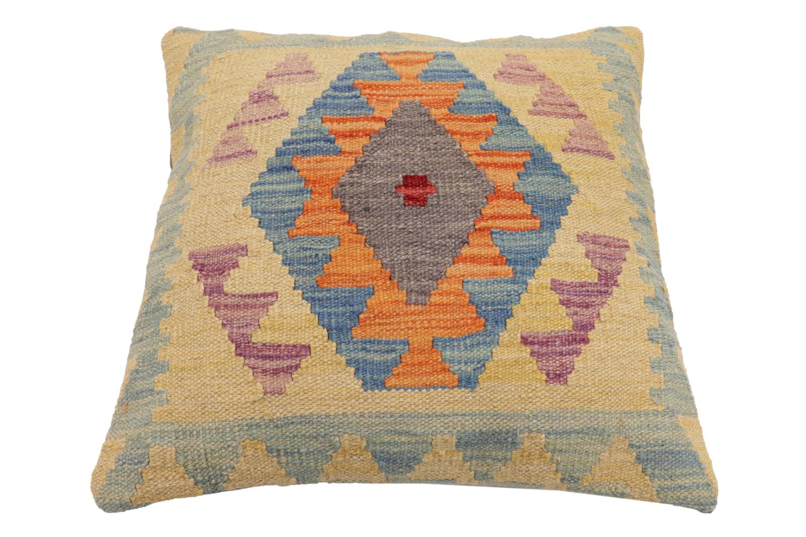 handmade Traditional Pillow Blue Orange Hand-Woven SQUARE 100% WOOL Hand woven turkish pillow2' x 2'