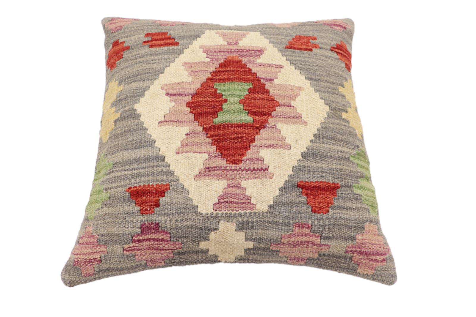 handmade Traditional Pillow Gray Red Hand-Woven SQUARE 100% WOOL  Hand woven turkish pillow  2 x 2