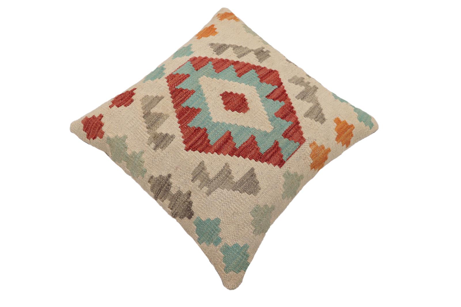 handmade Traditional Pillow Beige Red Hand-Woven SQUARE 100% WOOL Hand woven turkish pillow2' x 2'