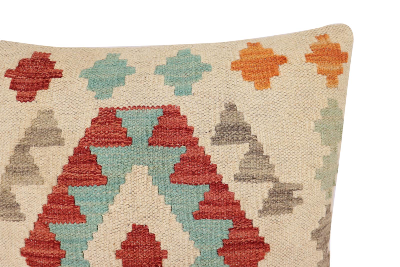 handmade Traditional Pillow Beige Red Hand-Woven SQUARE 100% WOOL Hand woven turkish pillow2' x 2'