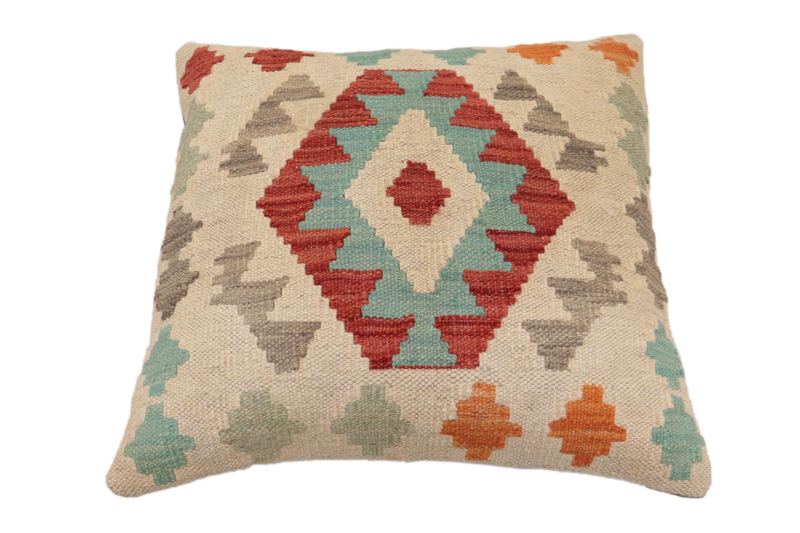 handmade Traditional Pillow Beige Red Hand-Woven SQUARE 100% WOOL Hand woven turkish pillow2' x 2'