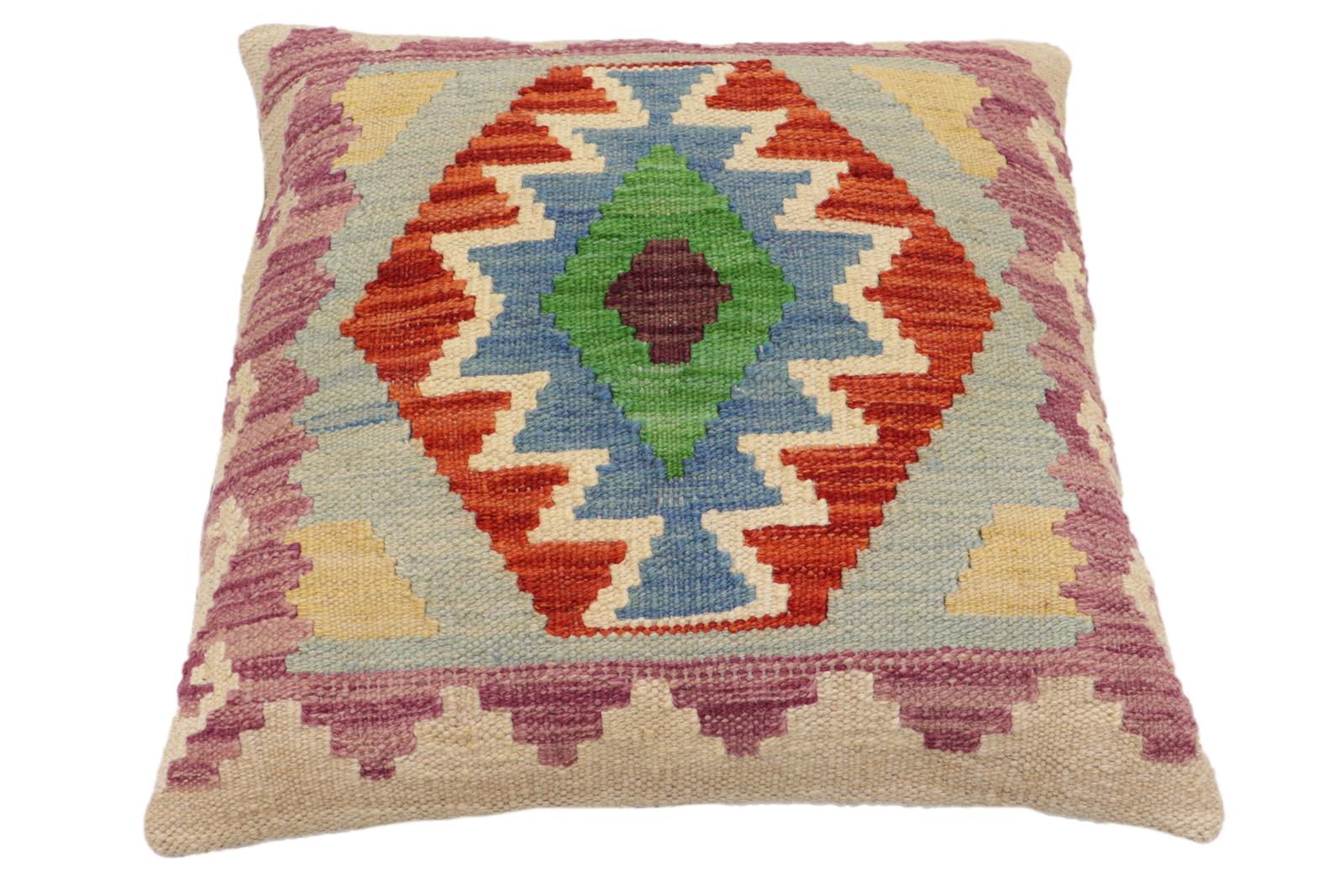 handmade Traditional Pillow Rust Blue Hand-Woven SQUARE 100% WOOL Hand woven turkish pillow2' x 2'