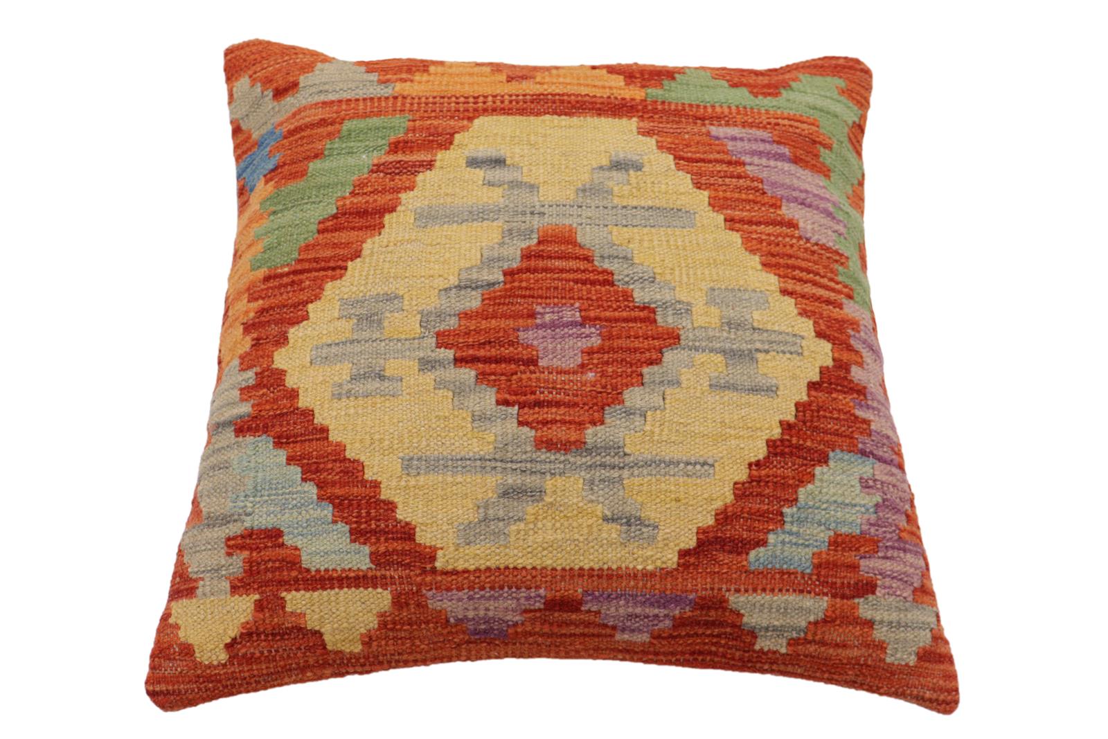 handmade Traditional Pillow Rust Blue Hand-Woven SQUARE 100% WOOL Hand woven turkish pillow2' x 2'