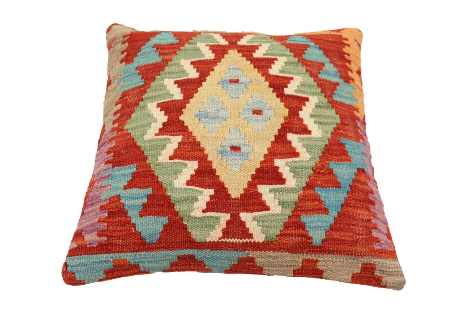handmade Traditional Pillow Rust Blue Hand-Woven SQUARE 100% WOOL Hand woven turkish pillow2' x 2'