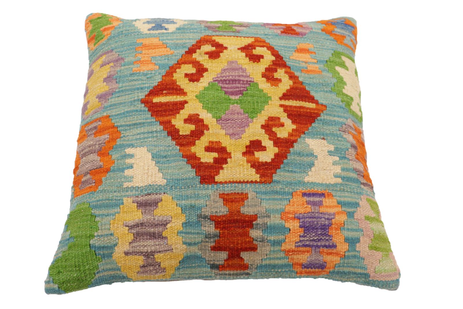 handmade Traditional Pillow Blue Rust Hand-Woven SQUARE 100% WOOL Hand woven turkish pillow2' x 2'