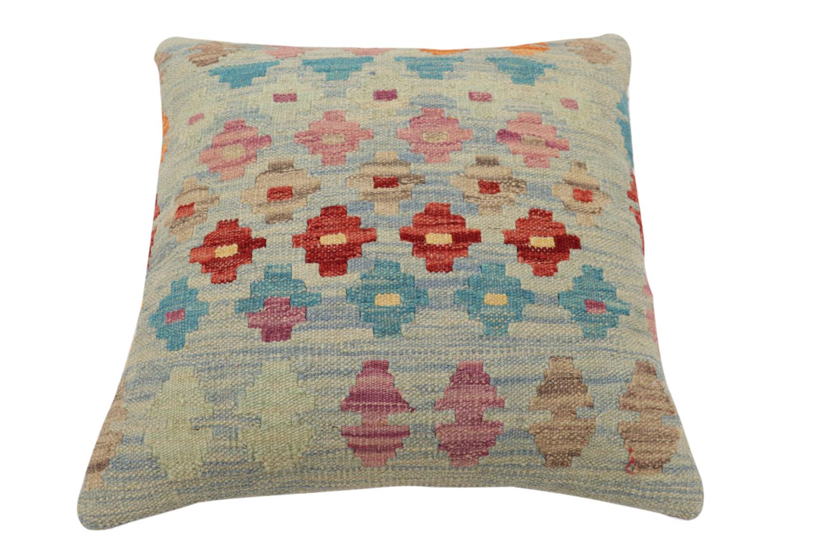 handmade Traditional Pillow Blue Red Hand-Woven SQUARE 100% WOOL Hand woven turkish pillow2' x 2'