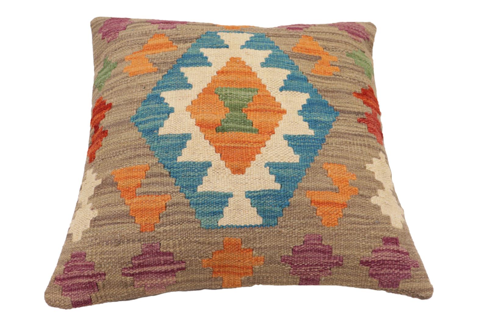 handmade Traditional Pillow Blue Rust Hand-Woven SQUARE 100% WOOL Hand woven turkish pillow2' x 2'