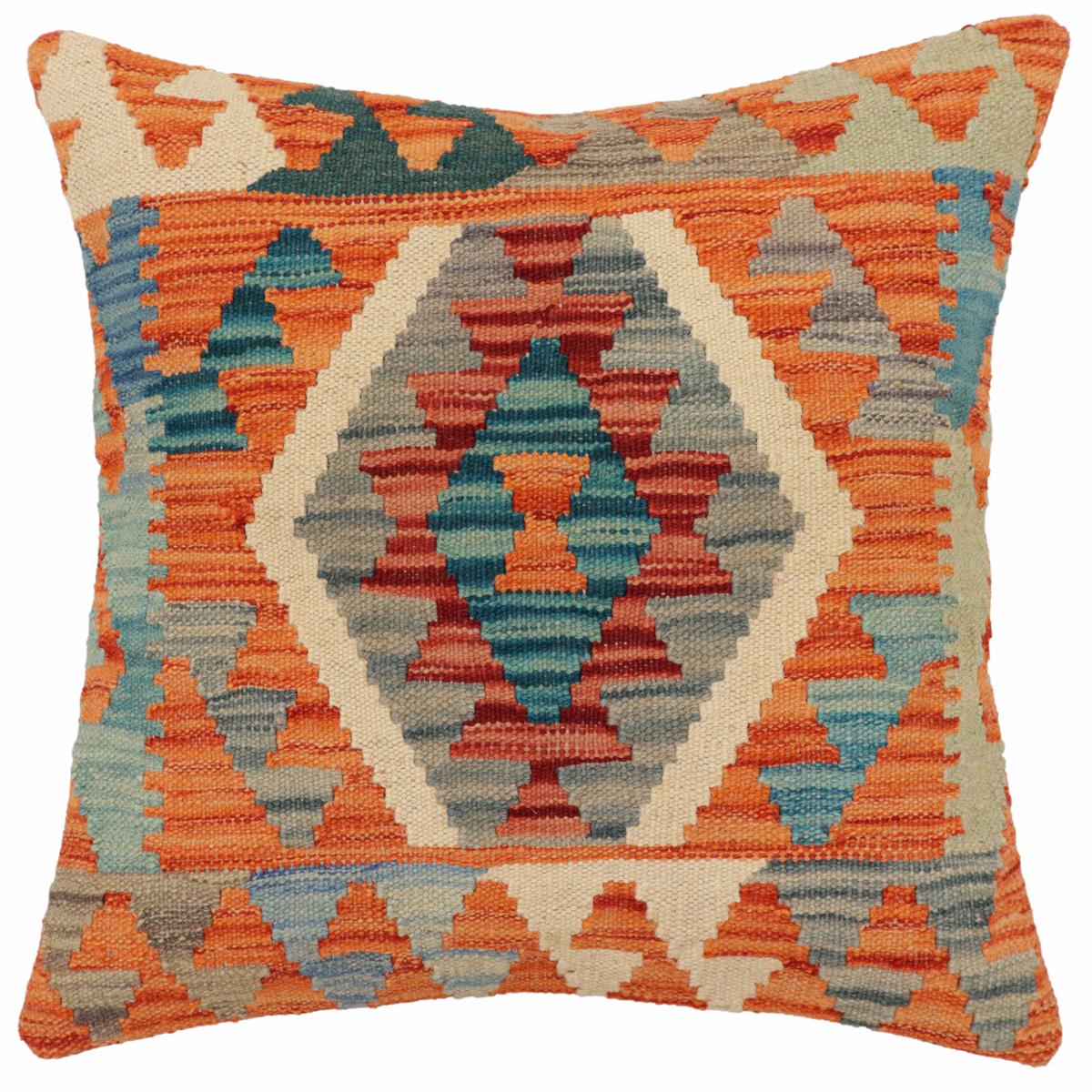 handmade Traditional Pillow Rust Blue Hand-Woven SQUARE 100% WOOL Hand woven turkish pillow2' x 2'