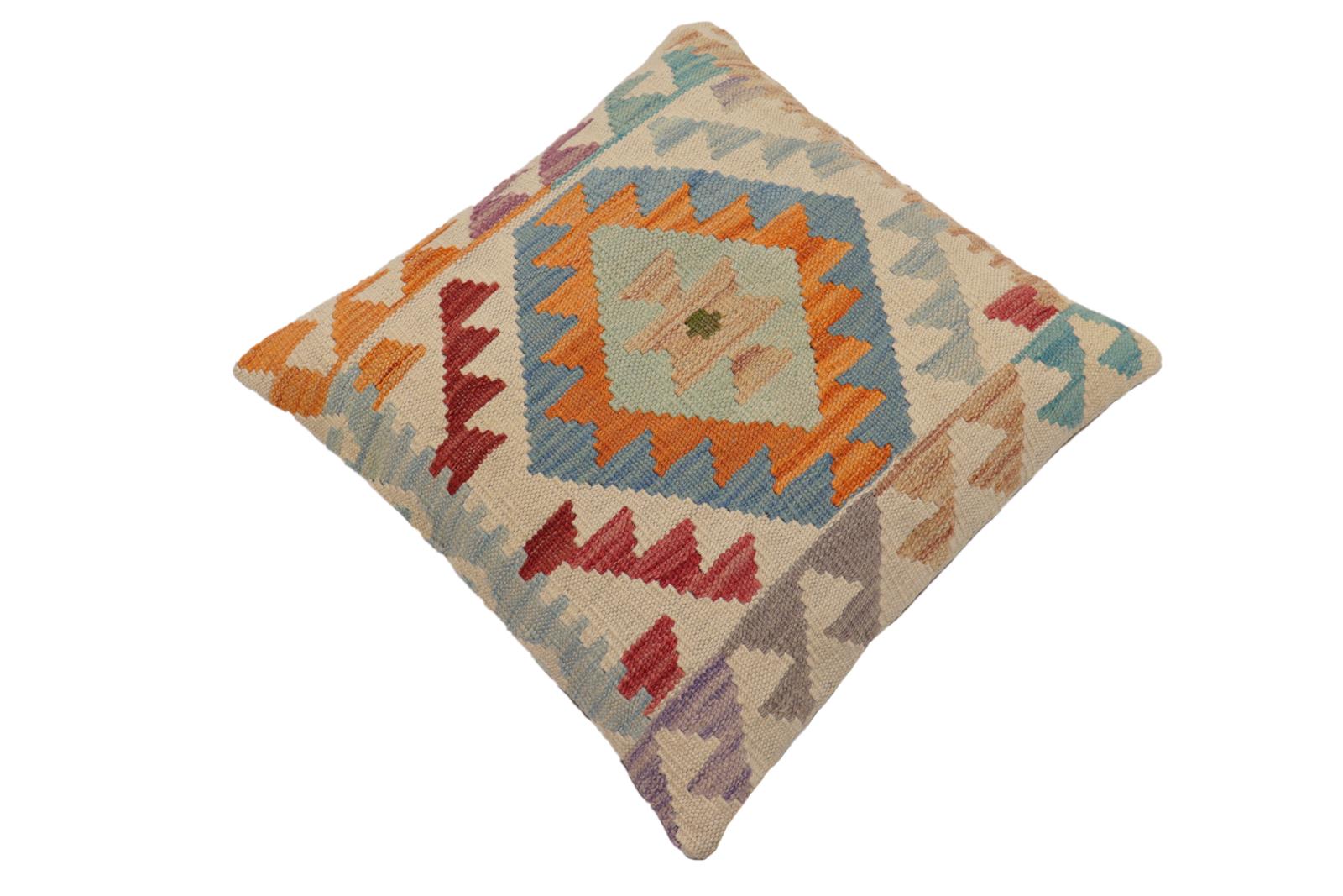 handmade Traditional Pillow Beige Blue Hand-Woven SQUARE 100% WOOL Hand woven turkish pillow2' x 2'