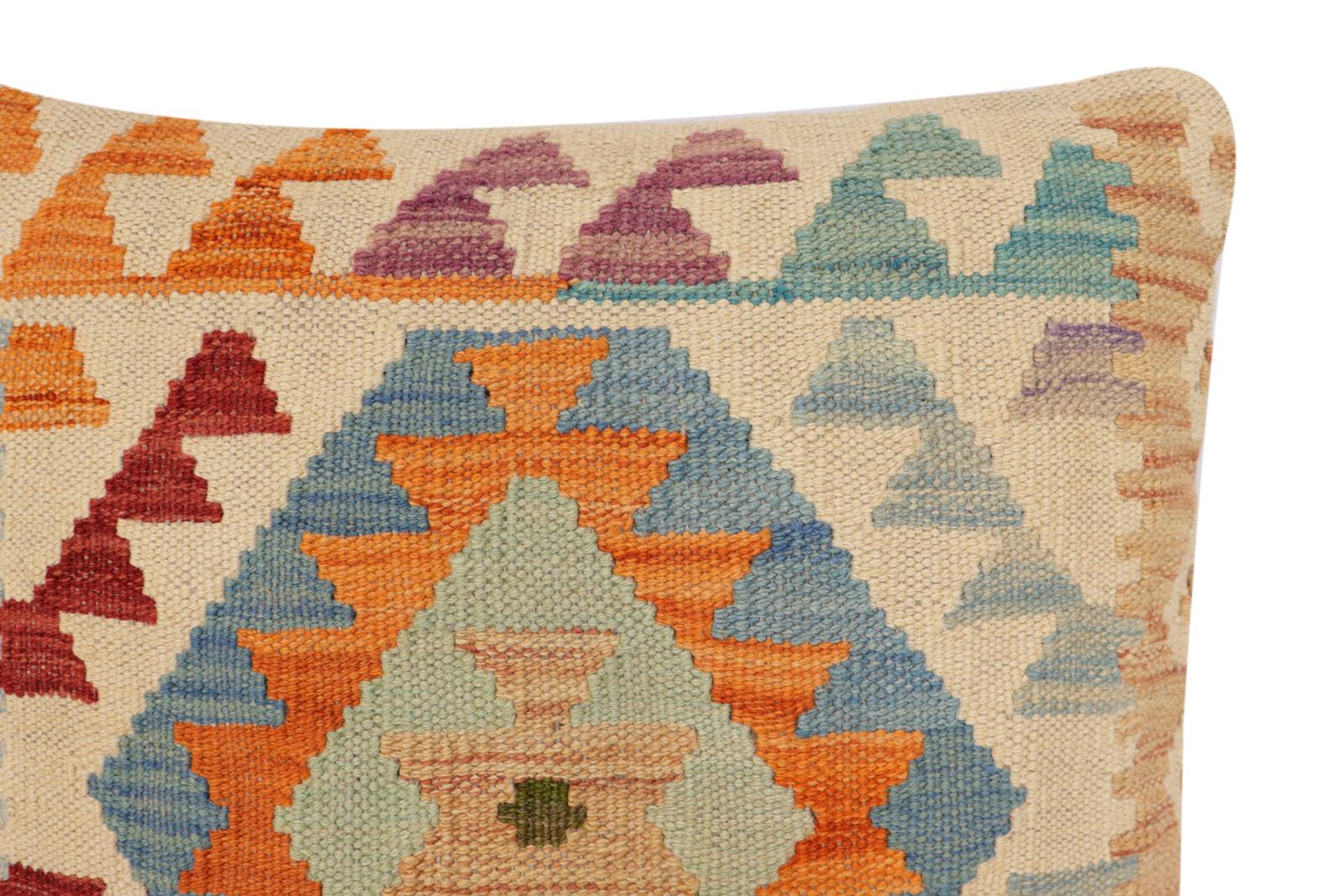 handmade Traditional Pillow Beige Blue Hand-Woven SQUARE 100% WOOL Hand woven turkish pillow2' x 2'