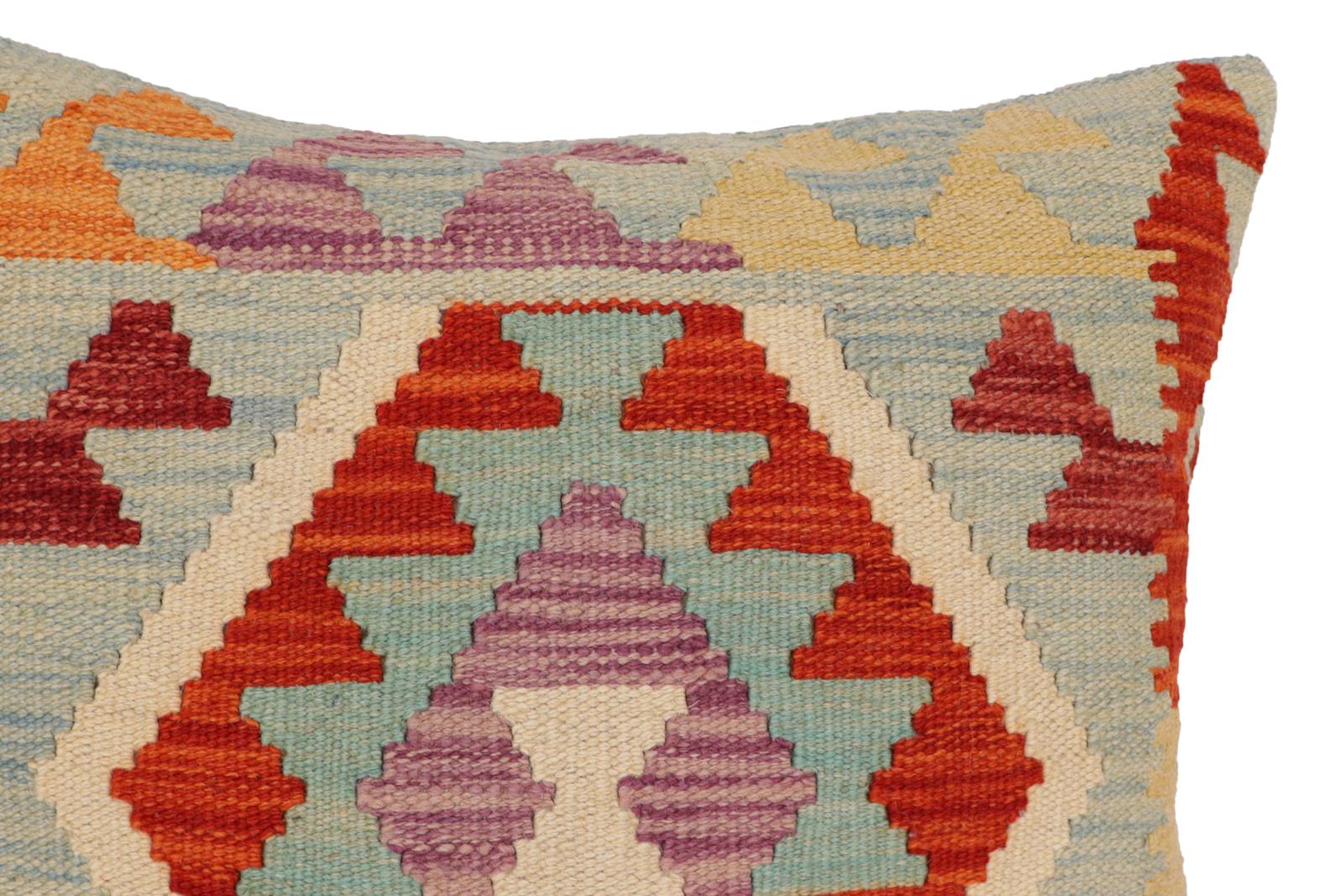 handmade Traditional Pillow Blue Rust Hand-Woven SQUARE 100% WOOL  Hand woven turkish pillow  PILLOW