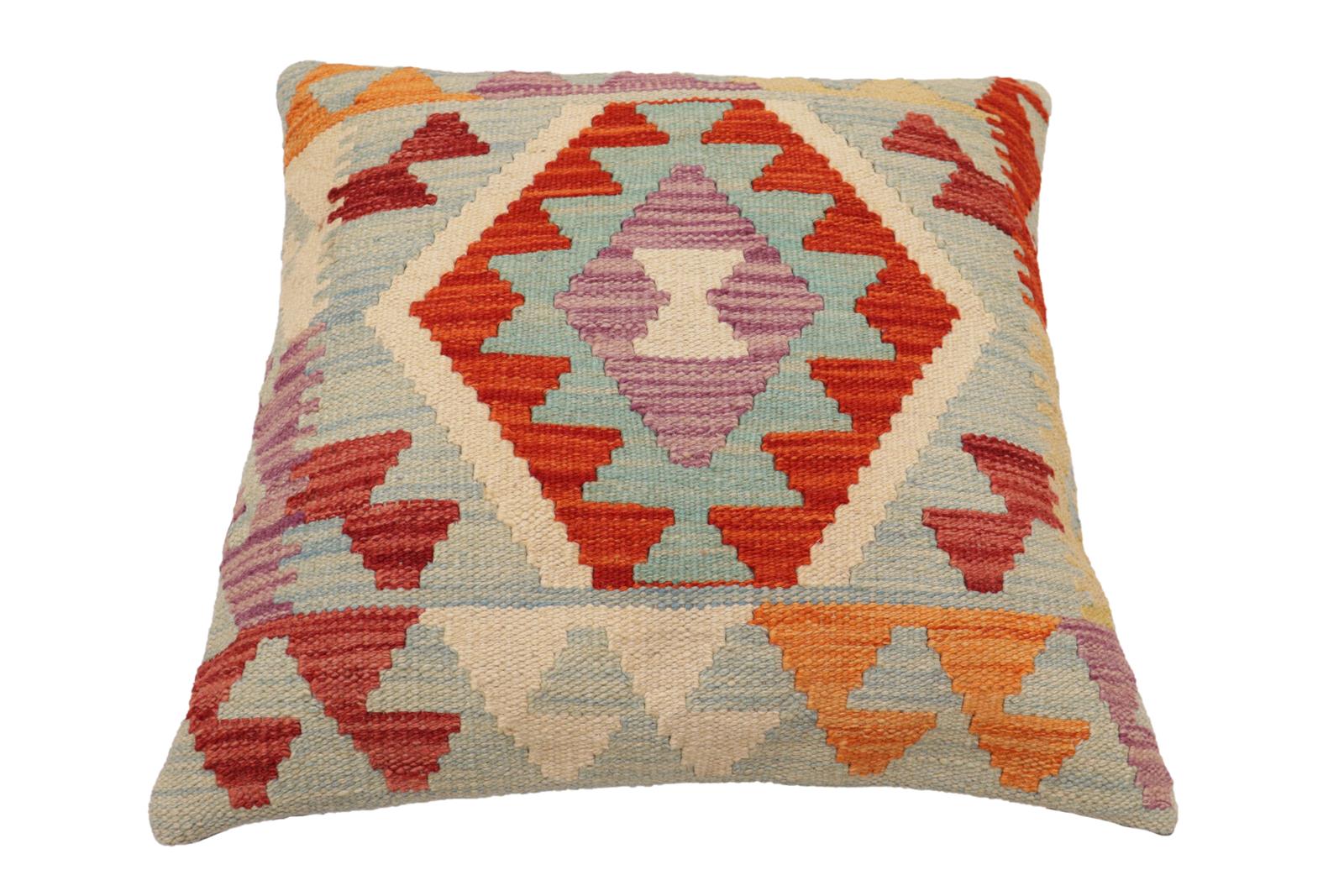 handmade Traditional Pillow Blue Rust Hand-Woven SQUARE 100% WOOL  Hand woven turkish pillow  PILLOW