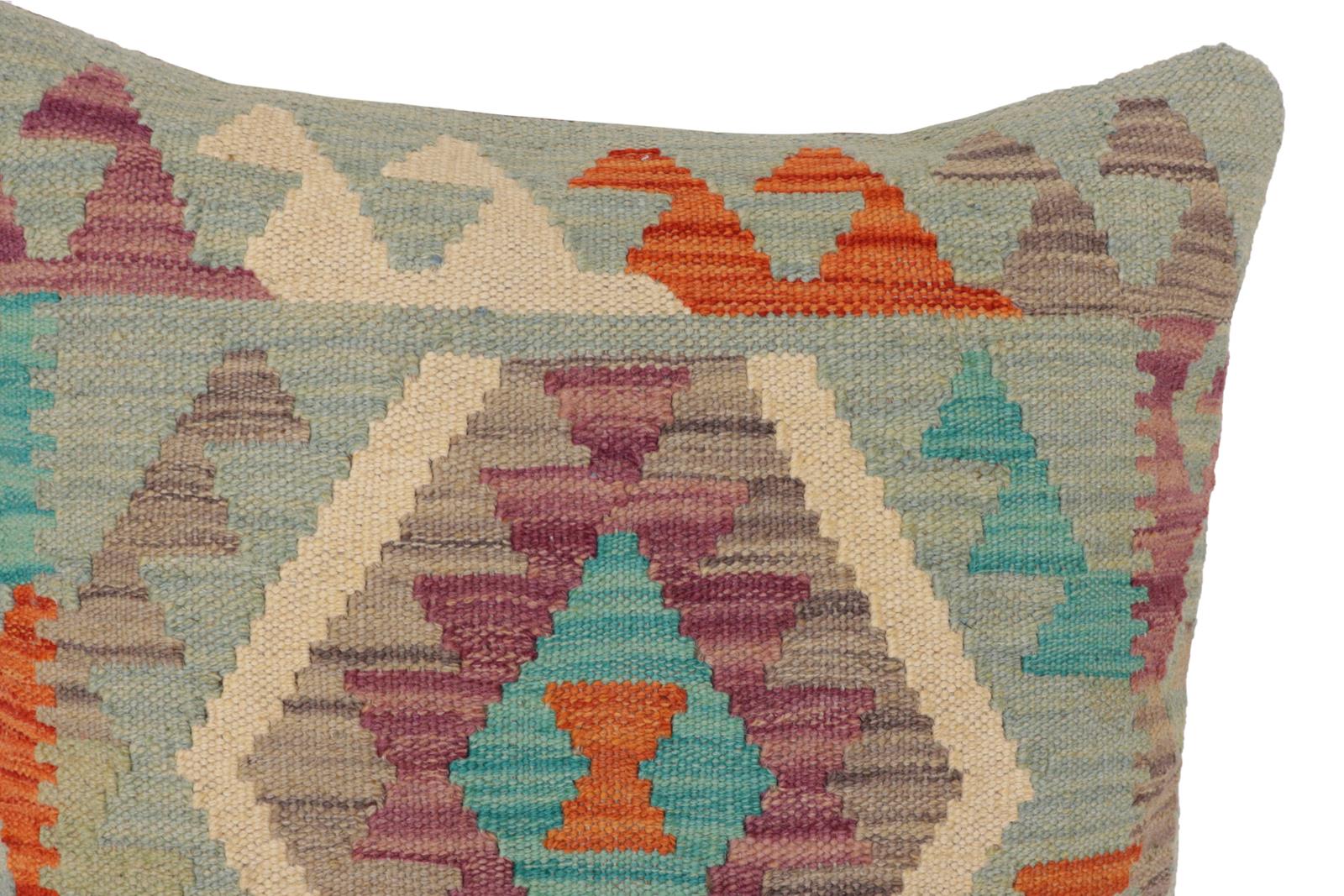 handmade Traditional Pillow Blue Rust Hand-Woven SQUARE 100% WOOL  Hand woven turkish pillow  PILLOW