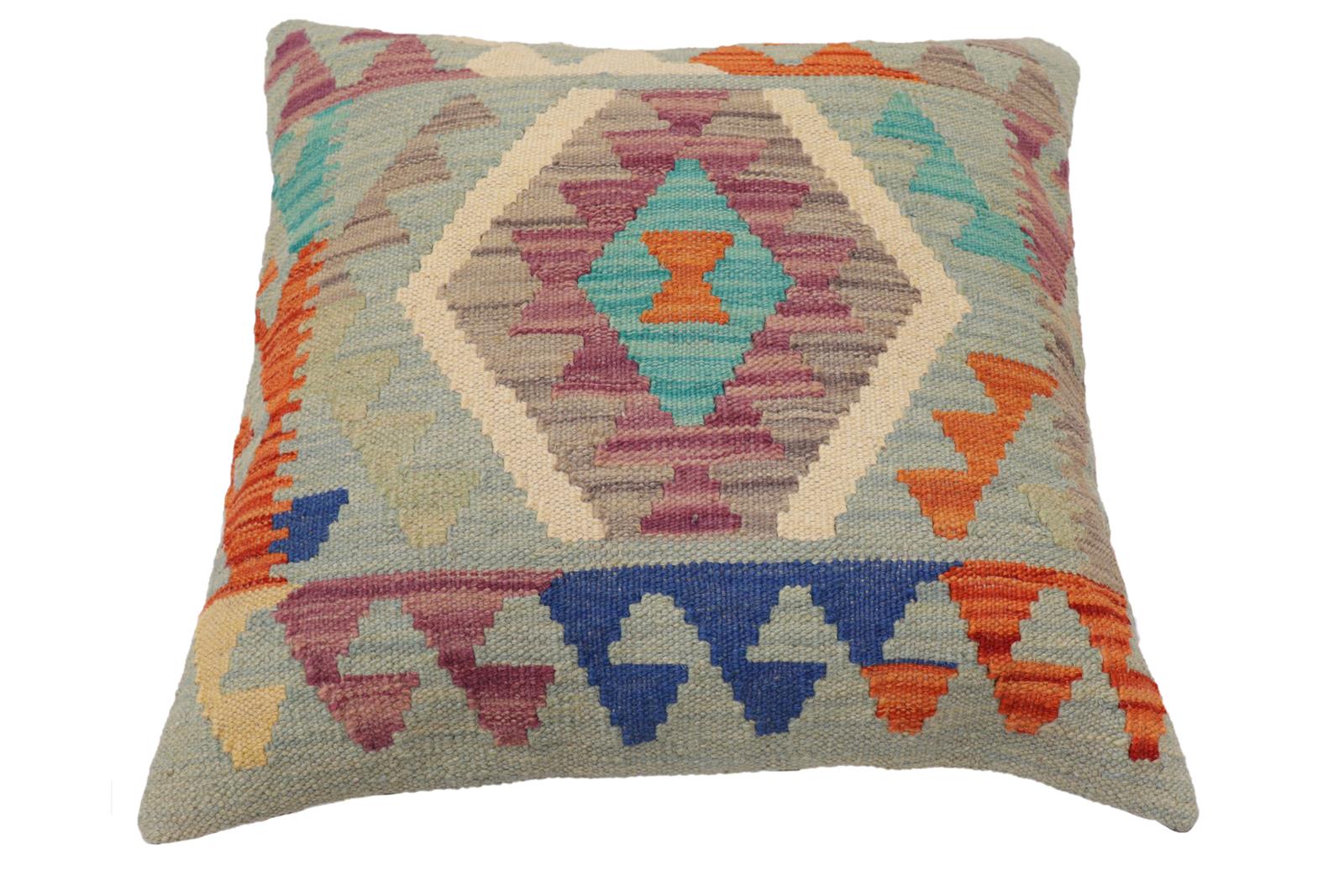handmade Traditional Pillow Blue Rust Hand-Woven SQUARE 100% WOOL  Hand woven turkish pillow  PILLOW
