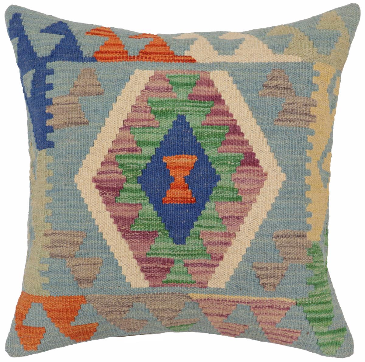 handmade Traditional Pillow Blue Rust Hand-Woven SQUARE 100% WOOL  Hand woven turkish pillow  PILLOW