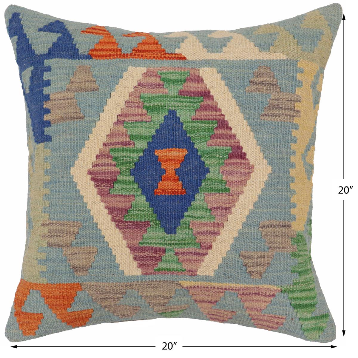 handmade Traditional Pillow Blue Rust Hand-Woven SQUARE 100% WOOL  Hand woven turkish pillow  PILLOW