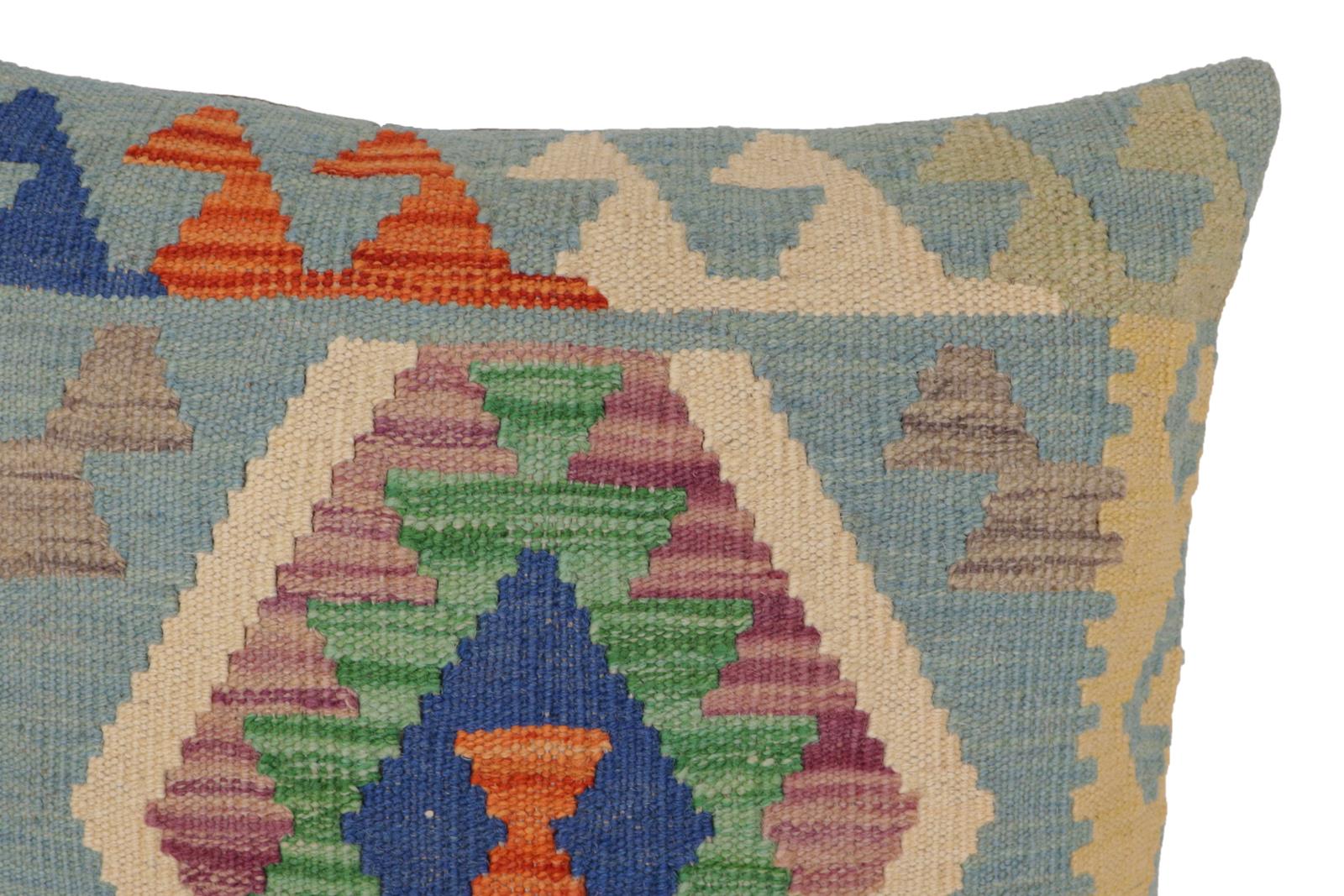 handmade Traditional Pillow Blue Rust Hand-Woven SQUARE 100% WOOL  Hand woven turkish pillow  PILLOW