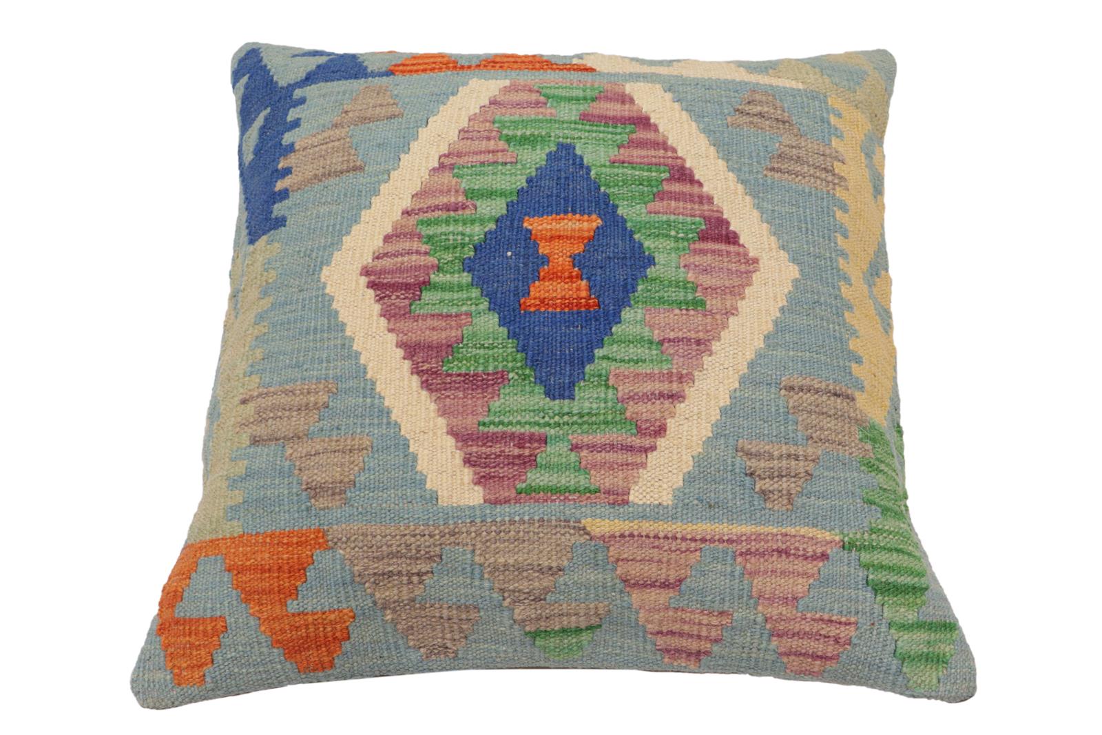 handmade Traditional Pillow Blue Rust Hand-Woven SQUARE 100% WOOL  Hand woven turkish pillow  PILLOW