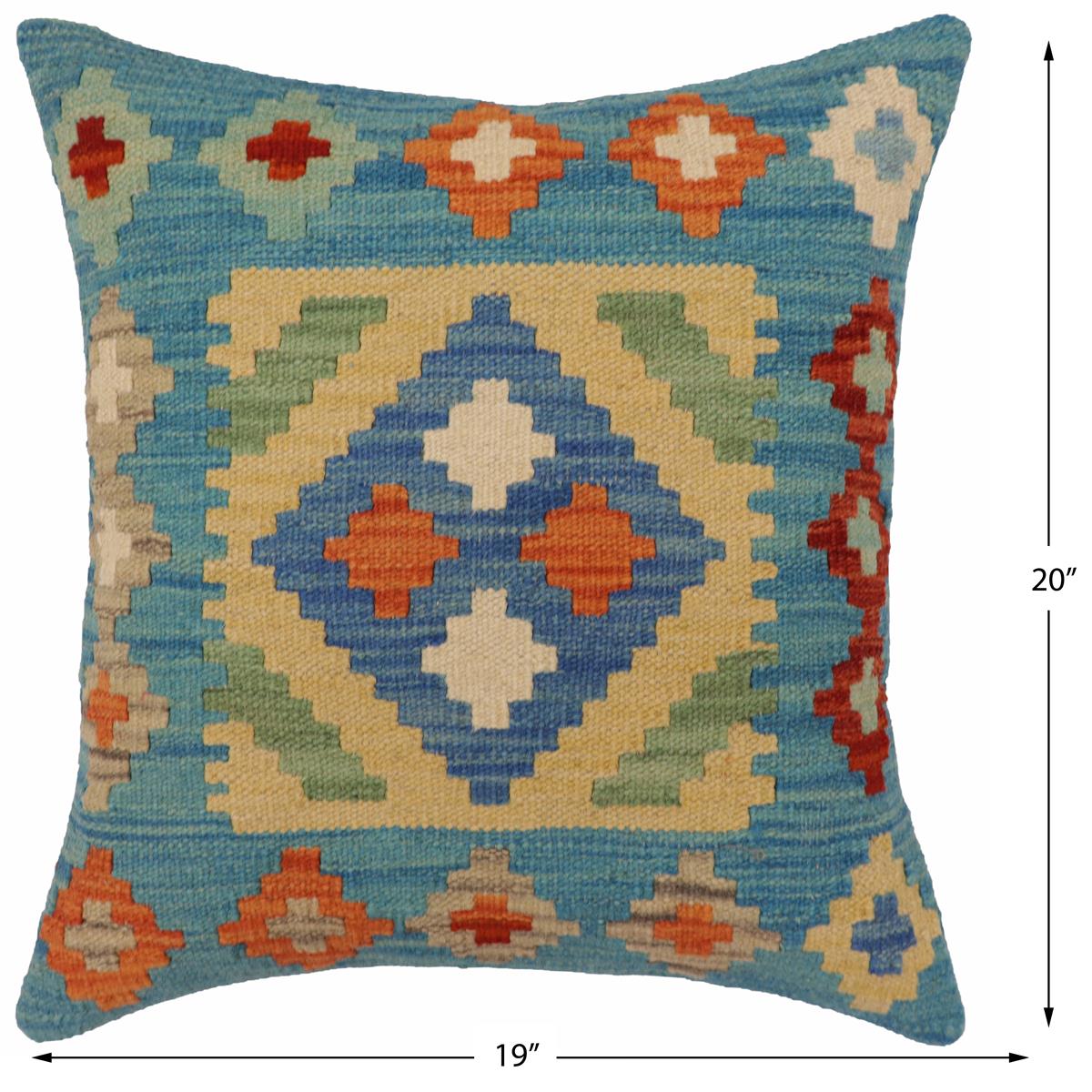 handmade Traditional Pillow Blue Rust Hand-Woven SQUARE 100% WOOL  Hand woven turkish pillow  PILLOW