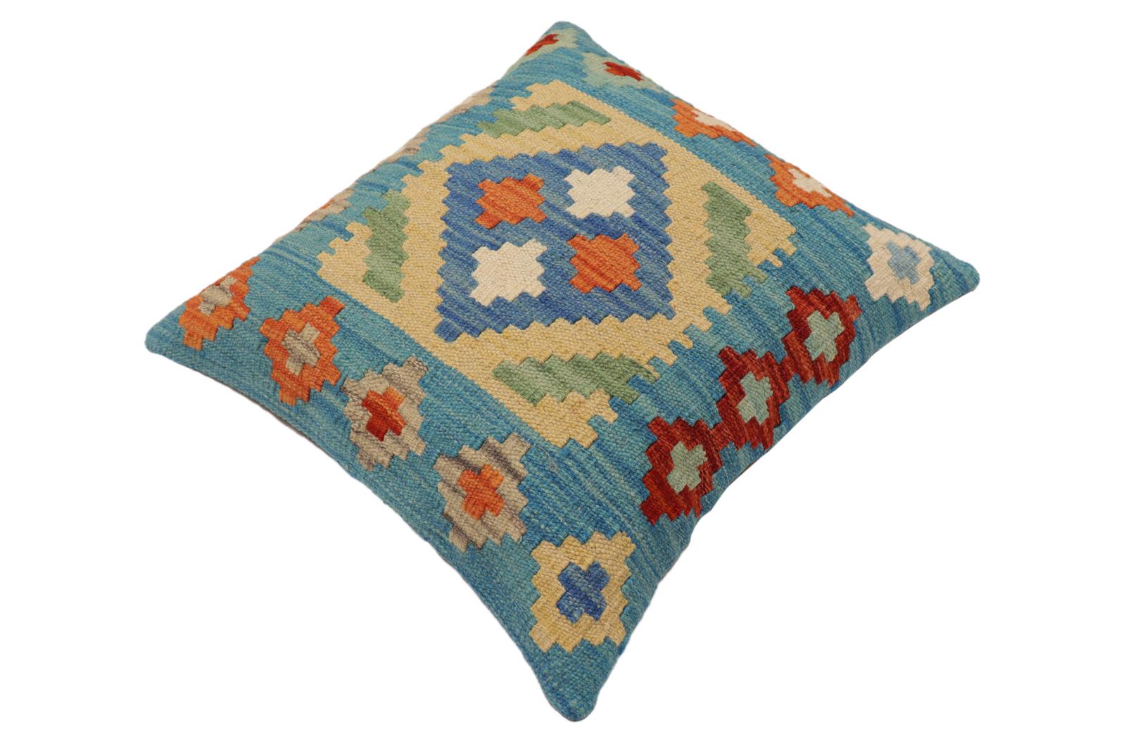 handmade Traditional Pillow Blue Rust Hand-Woven SQUARE 100% WOOL  Hand woven turkish pillow  PILLOW