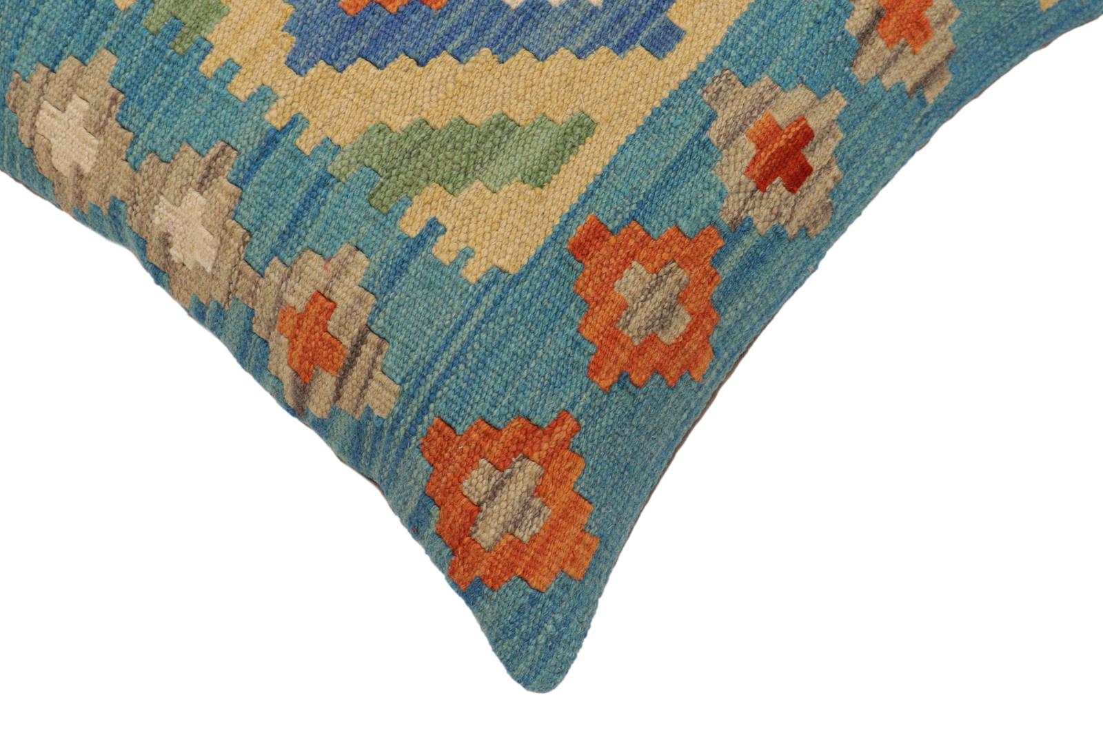 handmade Traditional Pillow Blue Rust Hand-Woven SQUARE 100% WOOL  Hand woven turkish pillow  PILLOW