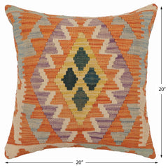 handmade Traditional Pillow Orange Blue Hand-Woven SQUARE 100% WOOL  Hand woven turkish pillow  PILLOW