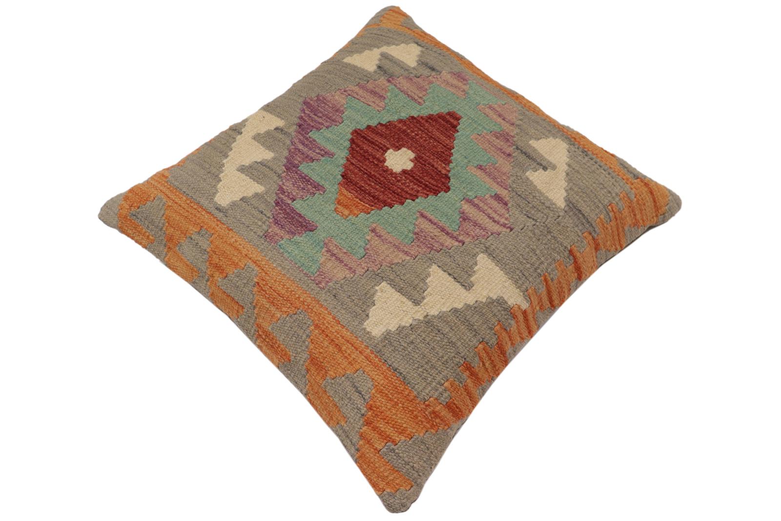 handmade Traditional Pillow Gray Orange Hand-Woven SQUARE 100% WOOL  Hand woven turkish pillow  PILLOW
