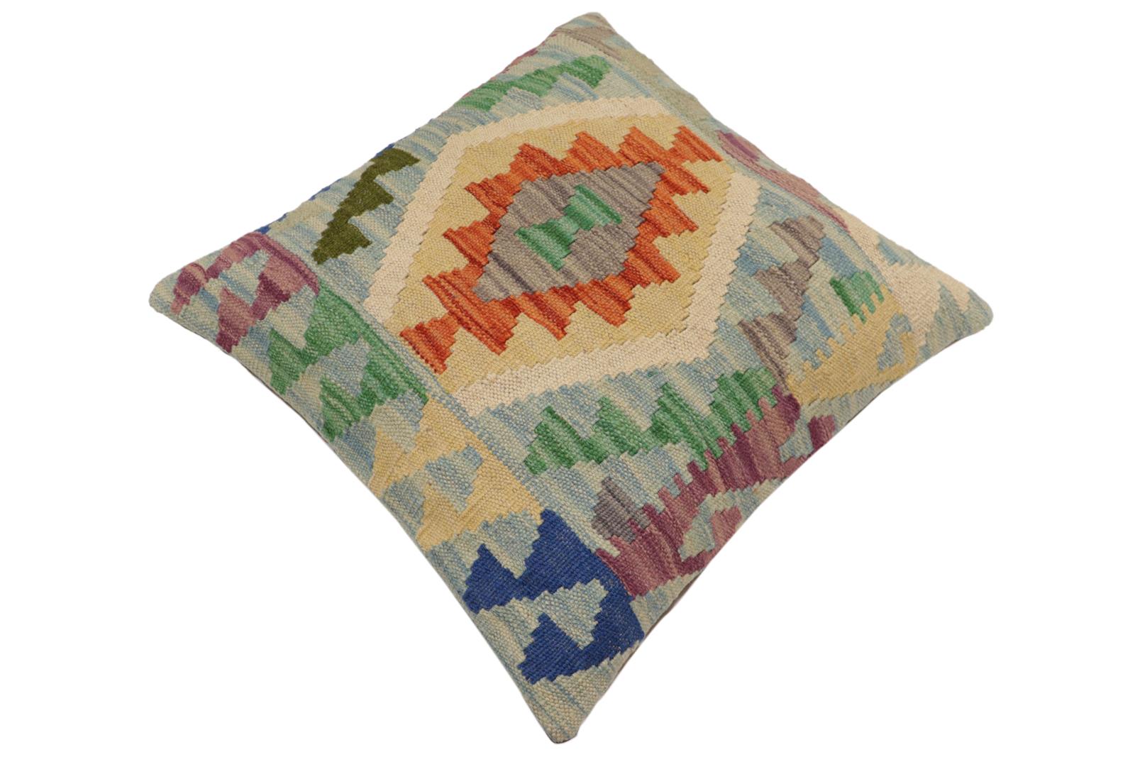 handmade Traditional Pillow Blue Rust Hand-Woven SQUARE 100% WOOL  Hand woven turkish pillow  PILLOW