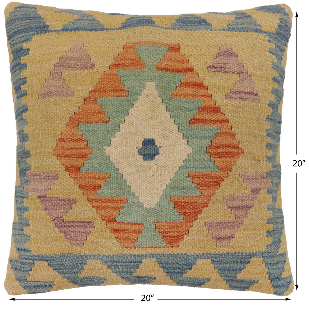 handmade Traditional Pillow Blue Gold Hand-Woven SQUARE 100% WOOL  Hand woven turkish pillow  PILLOW