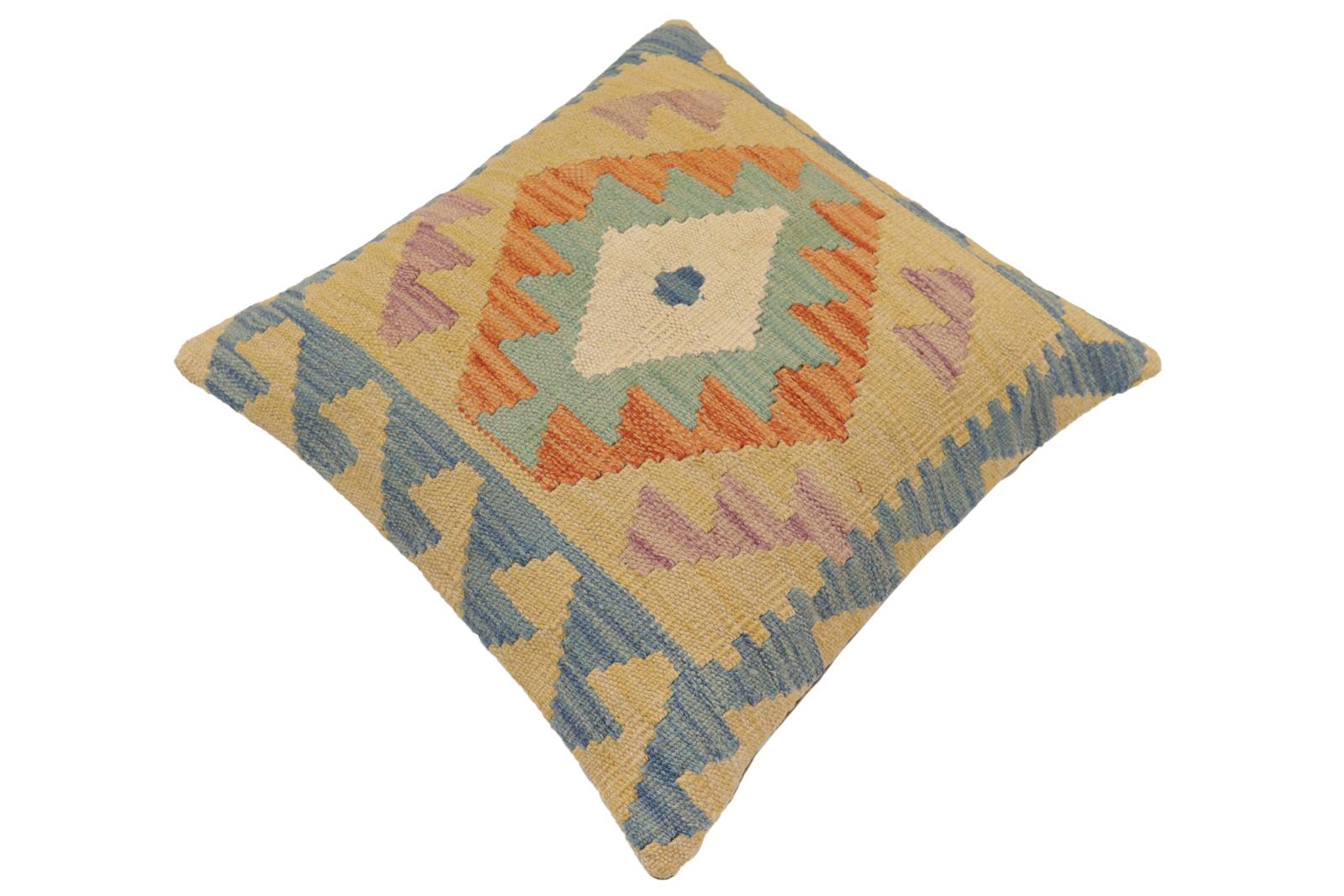 handmade Traditional Pillow Blue Gold Hand-Woven SQUARE 100% WOOL  Hand woven turkish pillow  PILLOW