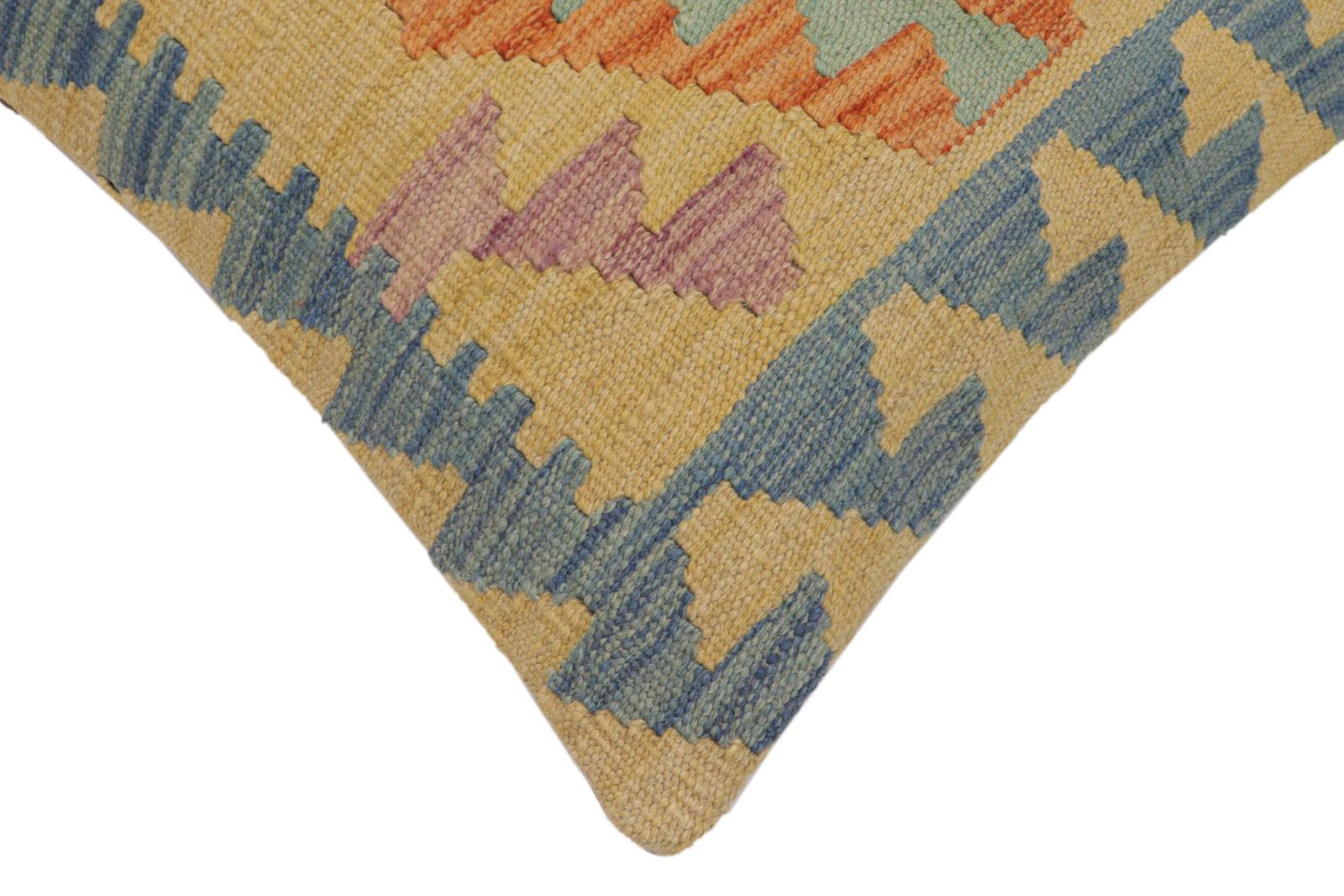 handmade Traditional Pillow Blue Gold Hand-Woven SQUARE 100% WOOL  Hand woven turkish pillow  PILLOW