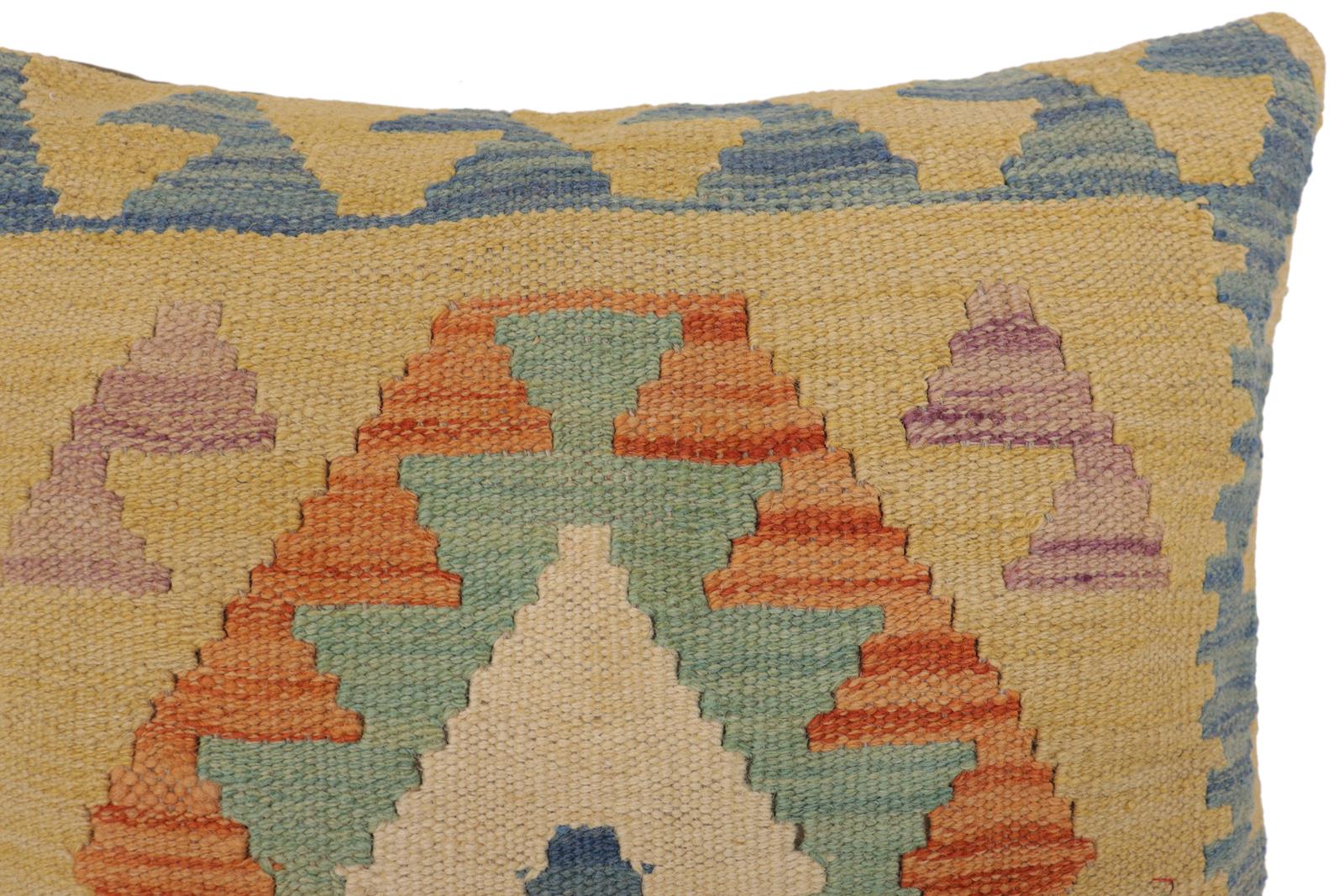 handmade Traditional Pillow Blue Gold Hand-Woven SQUARE 100% WOOL  Hand woven turkish pillow  PILLOW