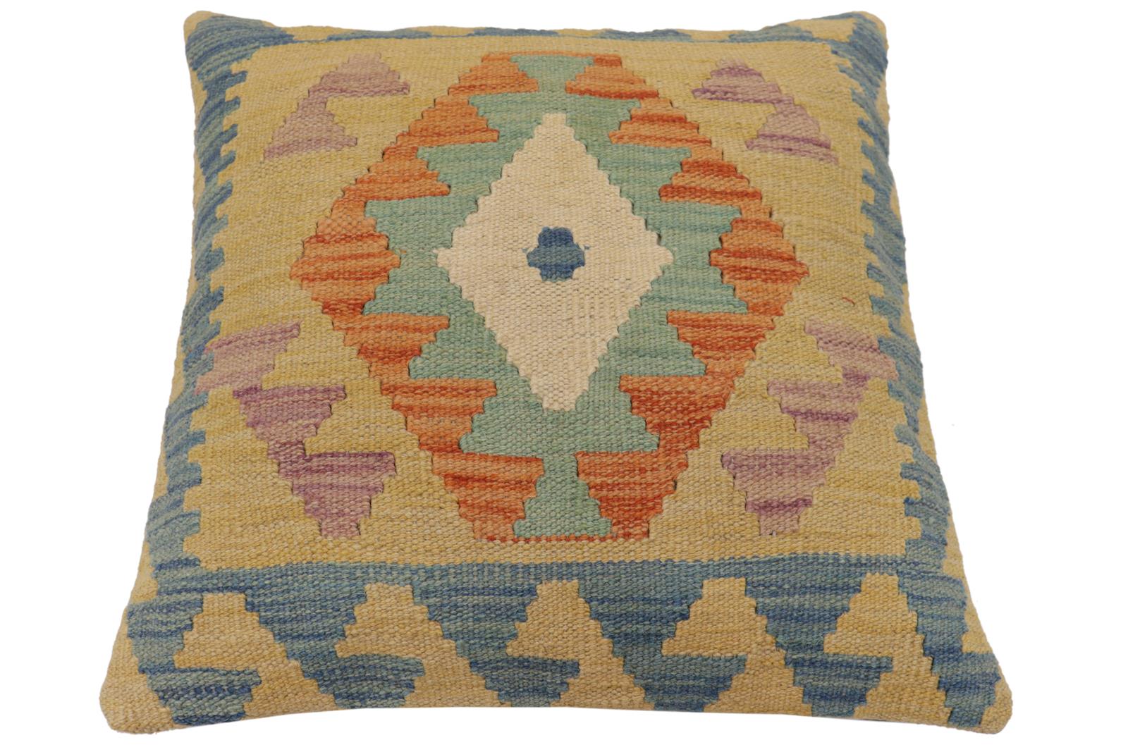 handmade Traditional Pillow Blue Gold Hand-Woven SQUARE 100% WOOL  Hand woven turkish pillow  PILLOW