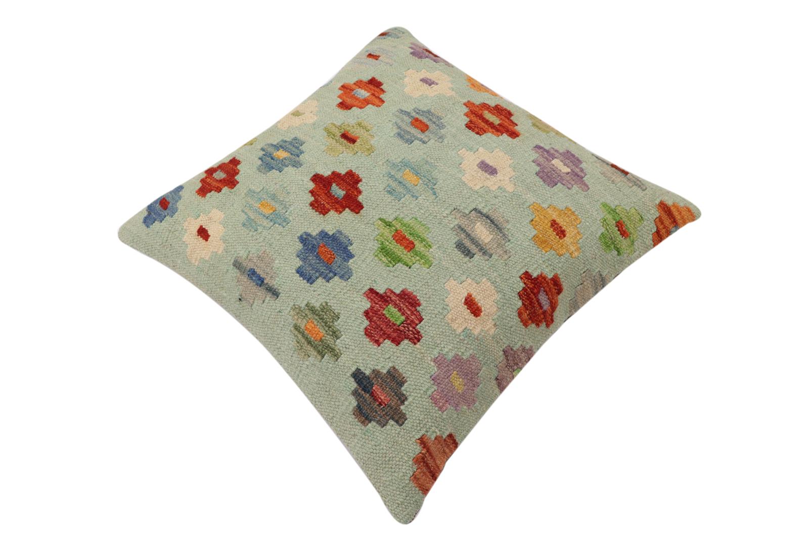 handmade Traditional Pillow Blue Rust Hand-Woven SQUARE 100% WOOL  Hand woven turkish pillow  PILLOW