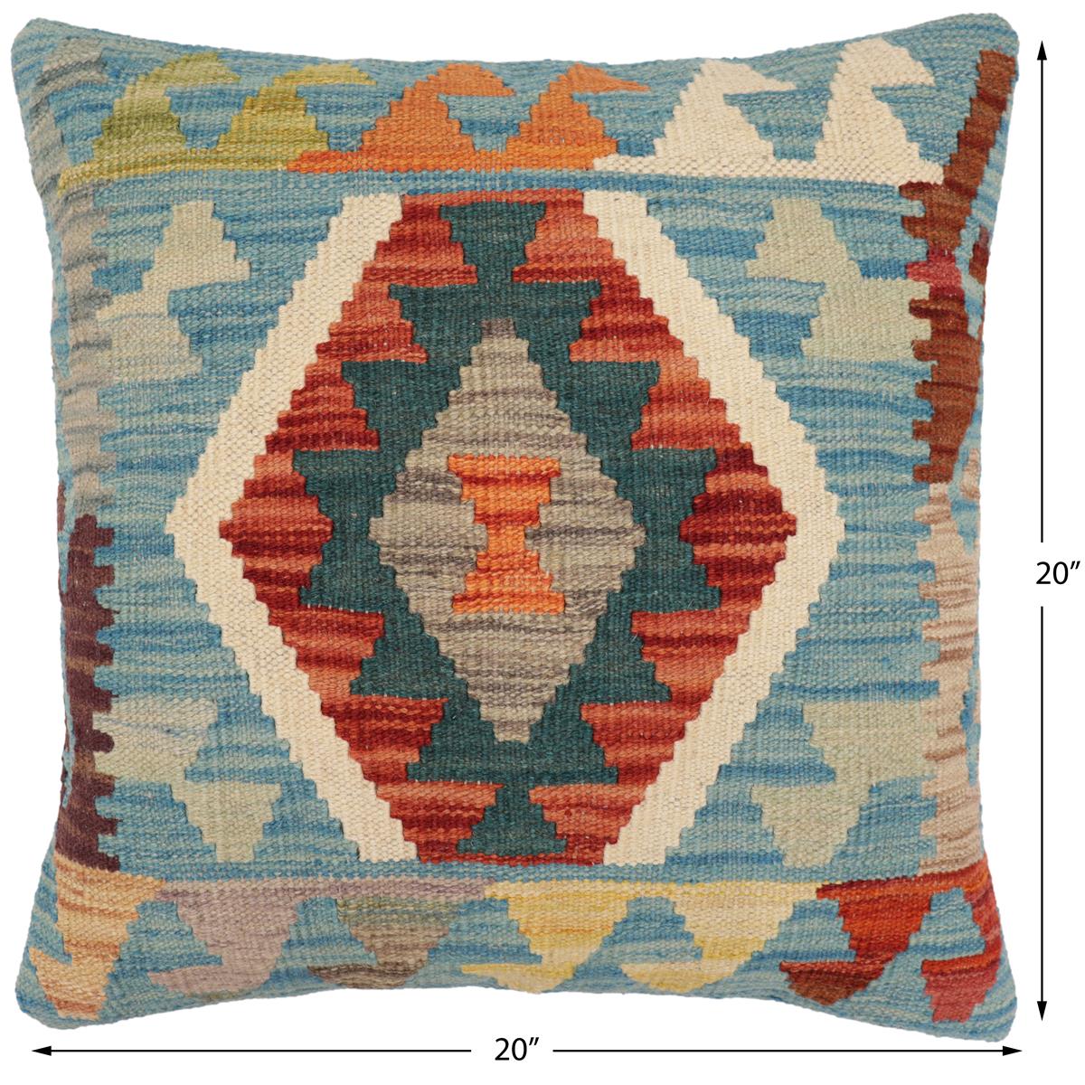 handmade Traditional Pillow Blue Rust Hand-Woven SQUARE 100% WOOL  Hand woven turkish pillow  PILLOW