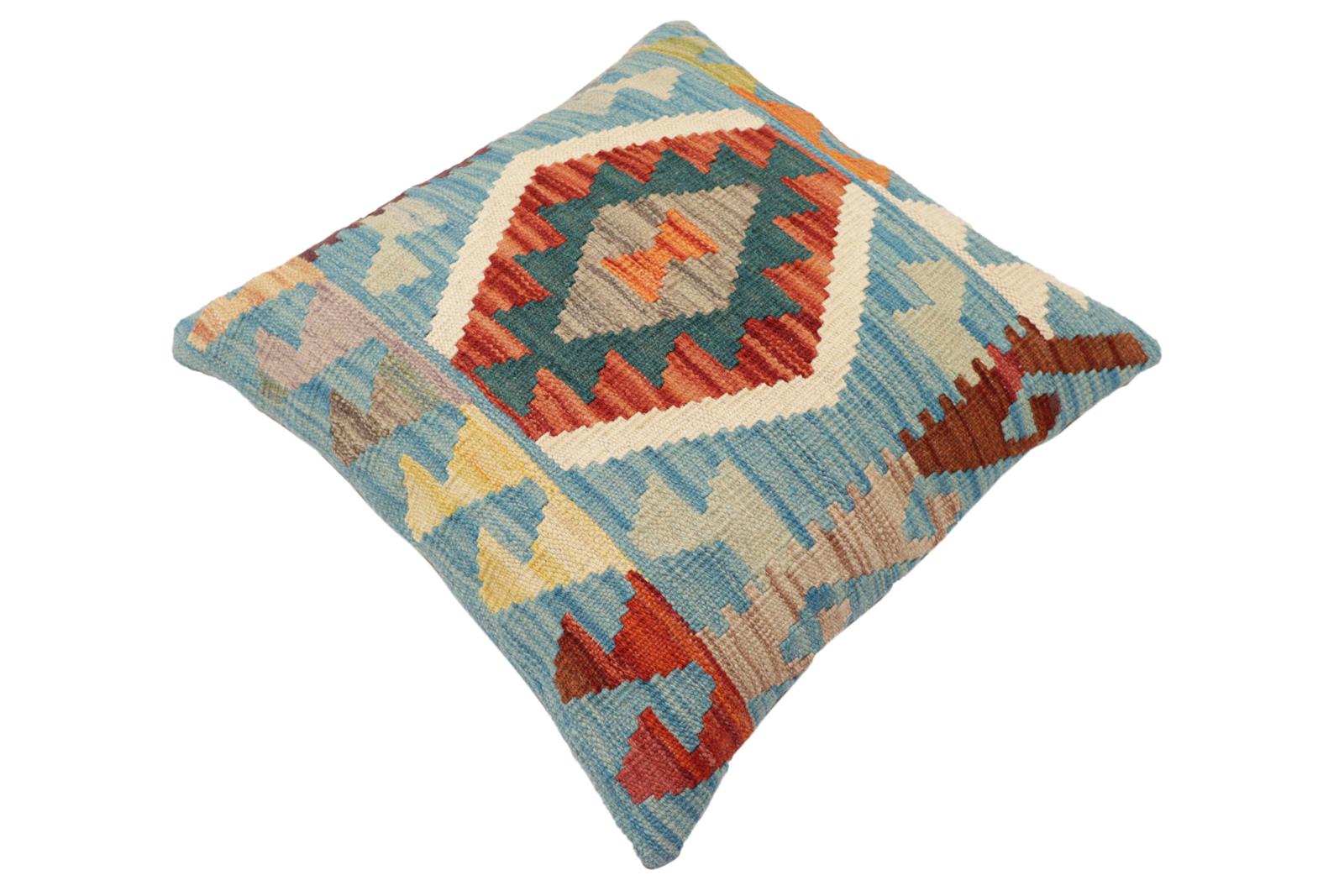 handmade Traditional Pillow Blue Rust Hand-Woven SQUARE 100% WOOL  Hand woven turkish pillow  PILLOW