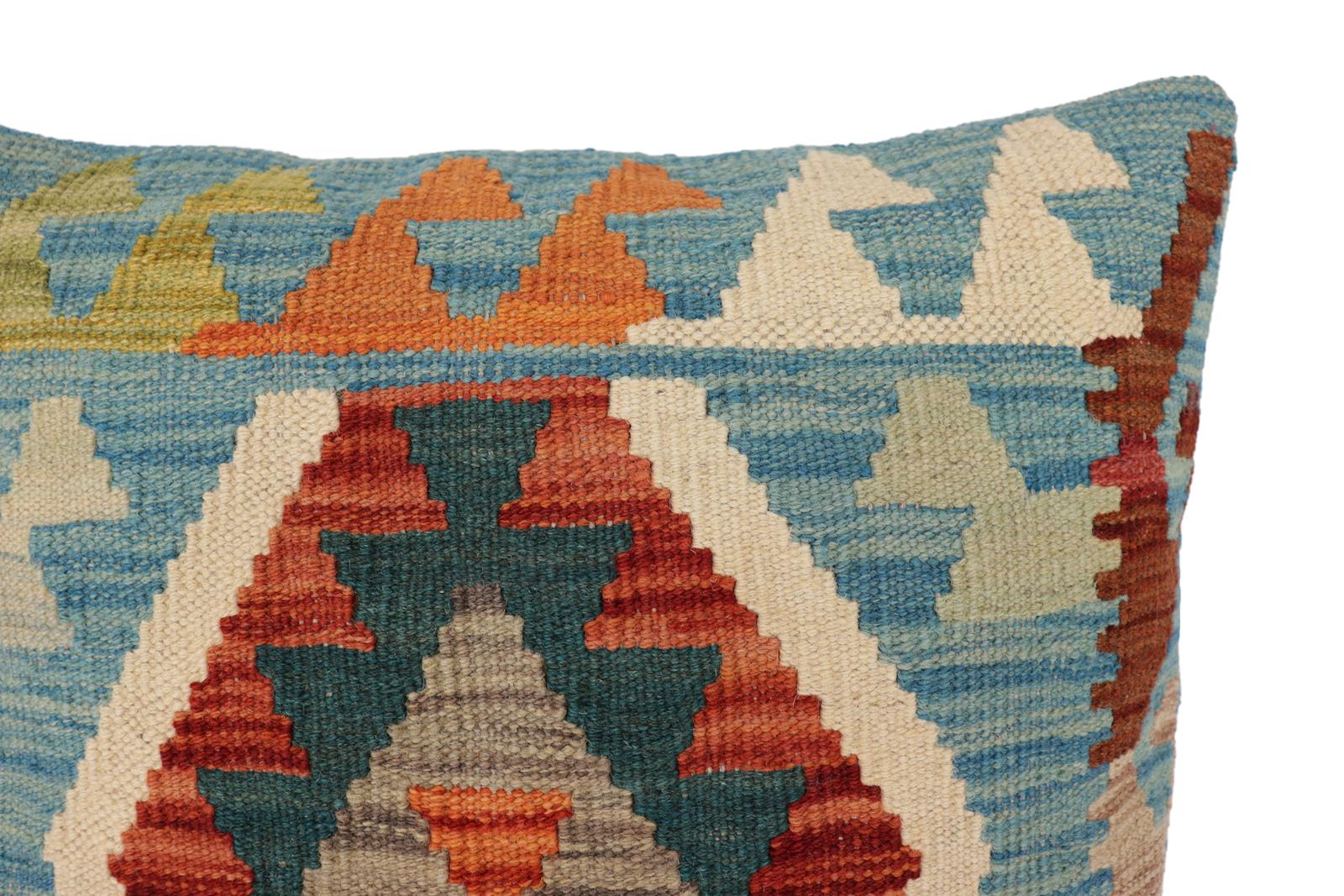 handmade Traditional Pillow Blue Rust Hand-Woven SQUARE 100% WOOL  Hand woven turkish pillow  PILLOW