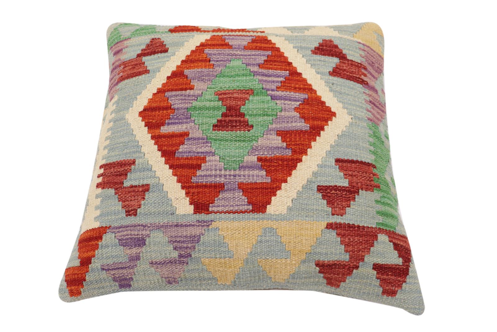 handmade Traditional Pillow Blue Rust Hand-Woven SQUARE 100% WOOL  Hand woven turkish pillow  PILLOW